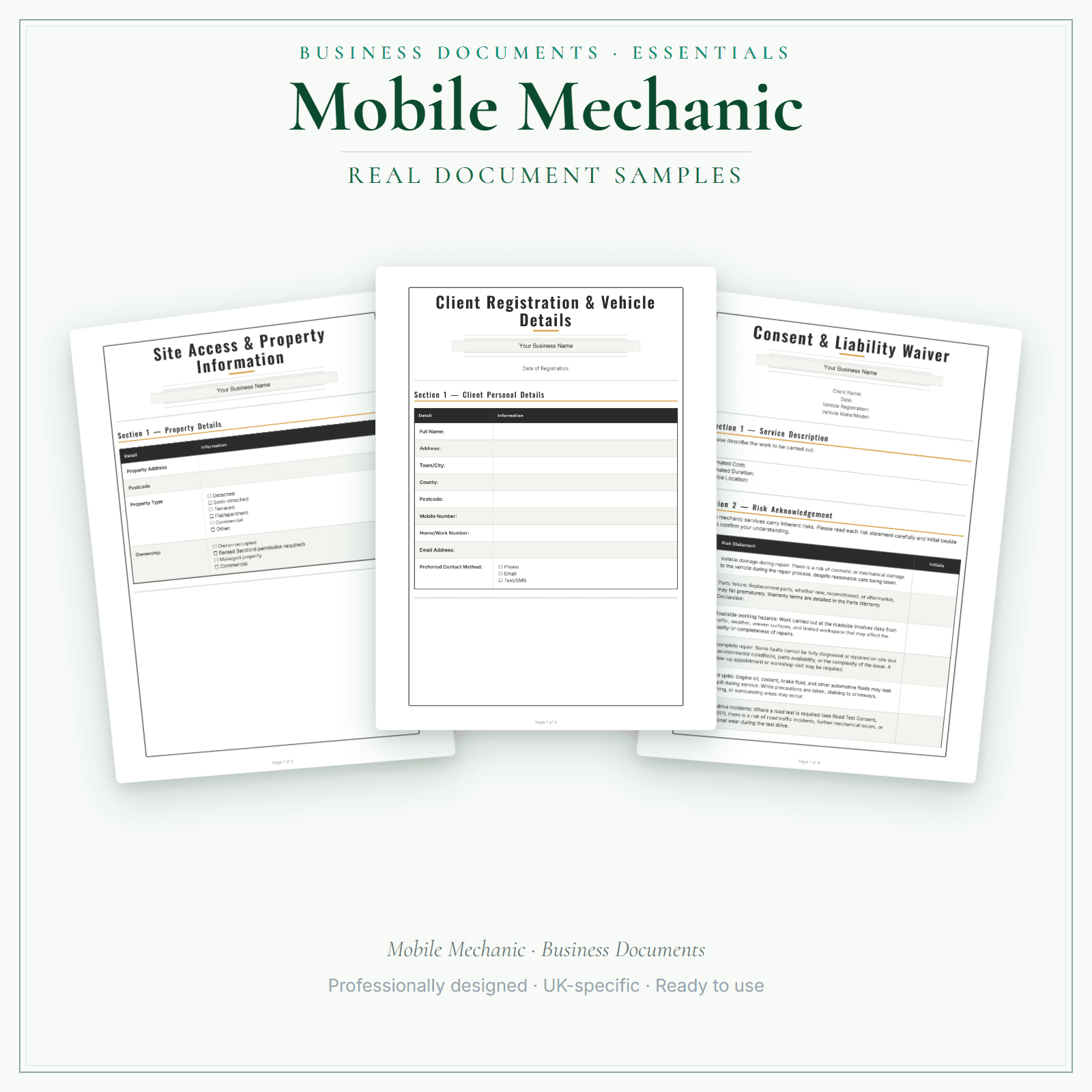Mobile Mechanic — Business Documents — Essential sample pages preview