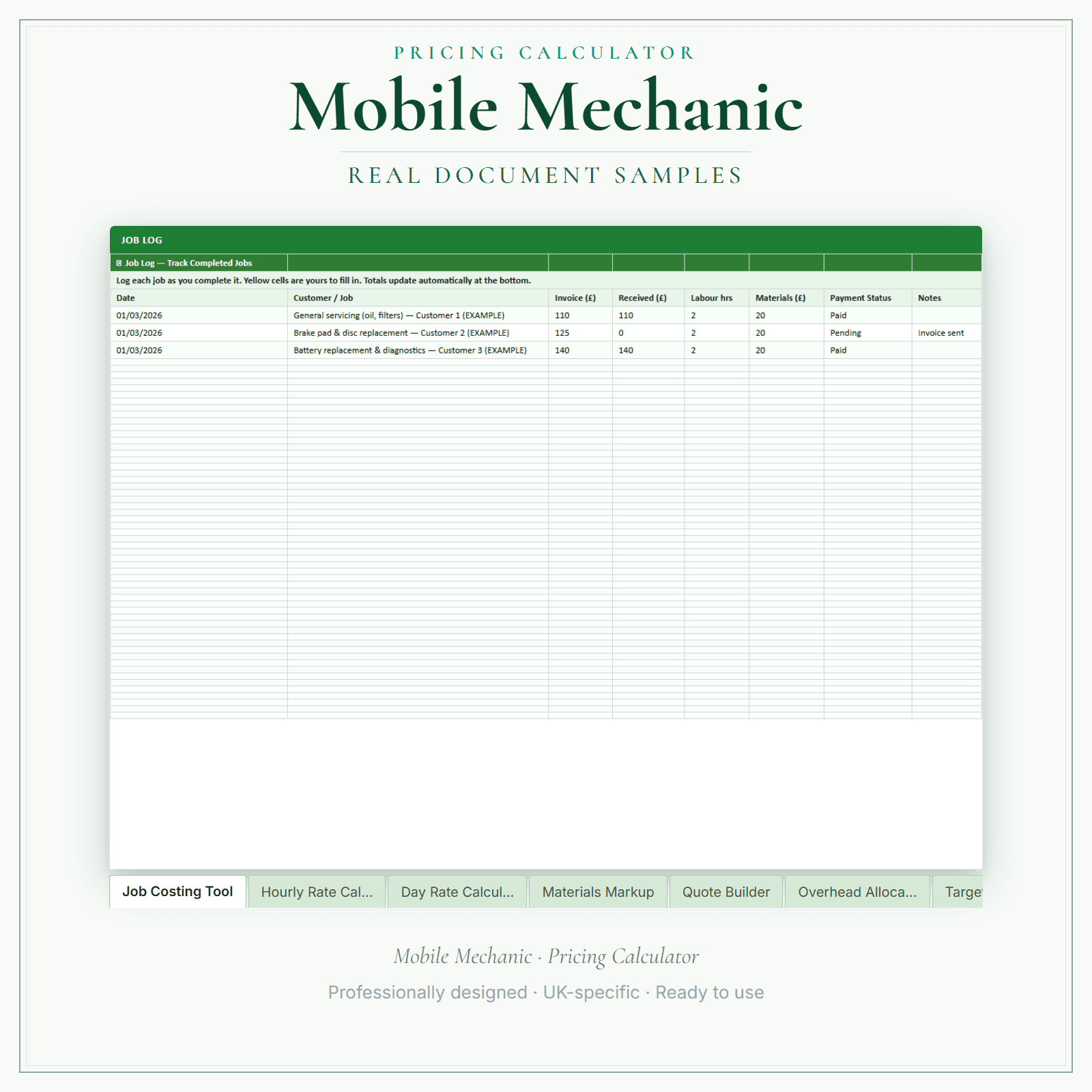 Mobile Mechanic — Pricing Calculator — Premium sample pages preview