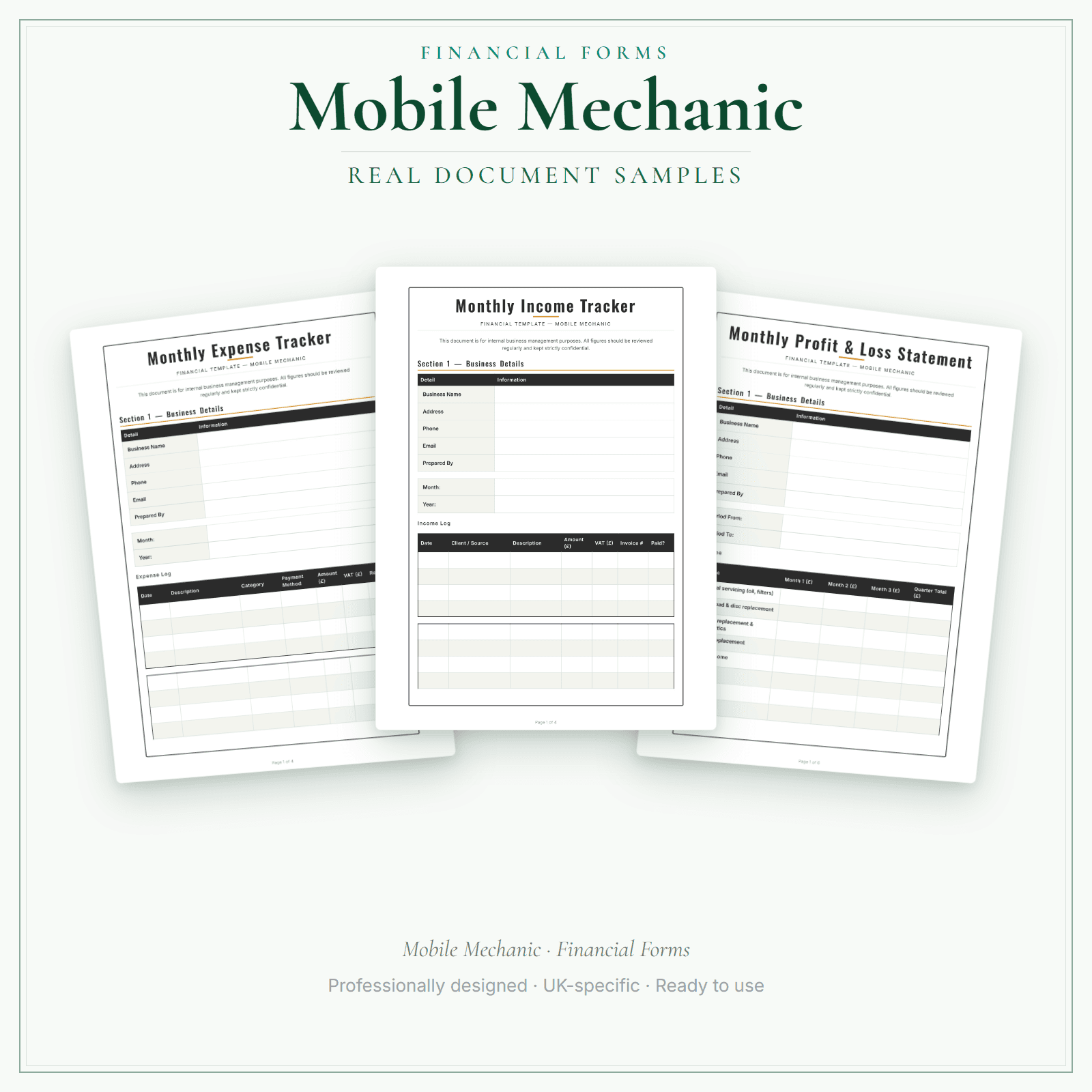 Mobile Mechanic — Financial Forms Bundle — Premium sample pages preview