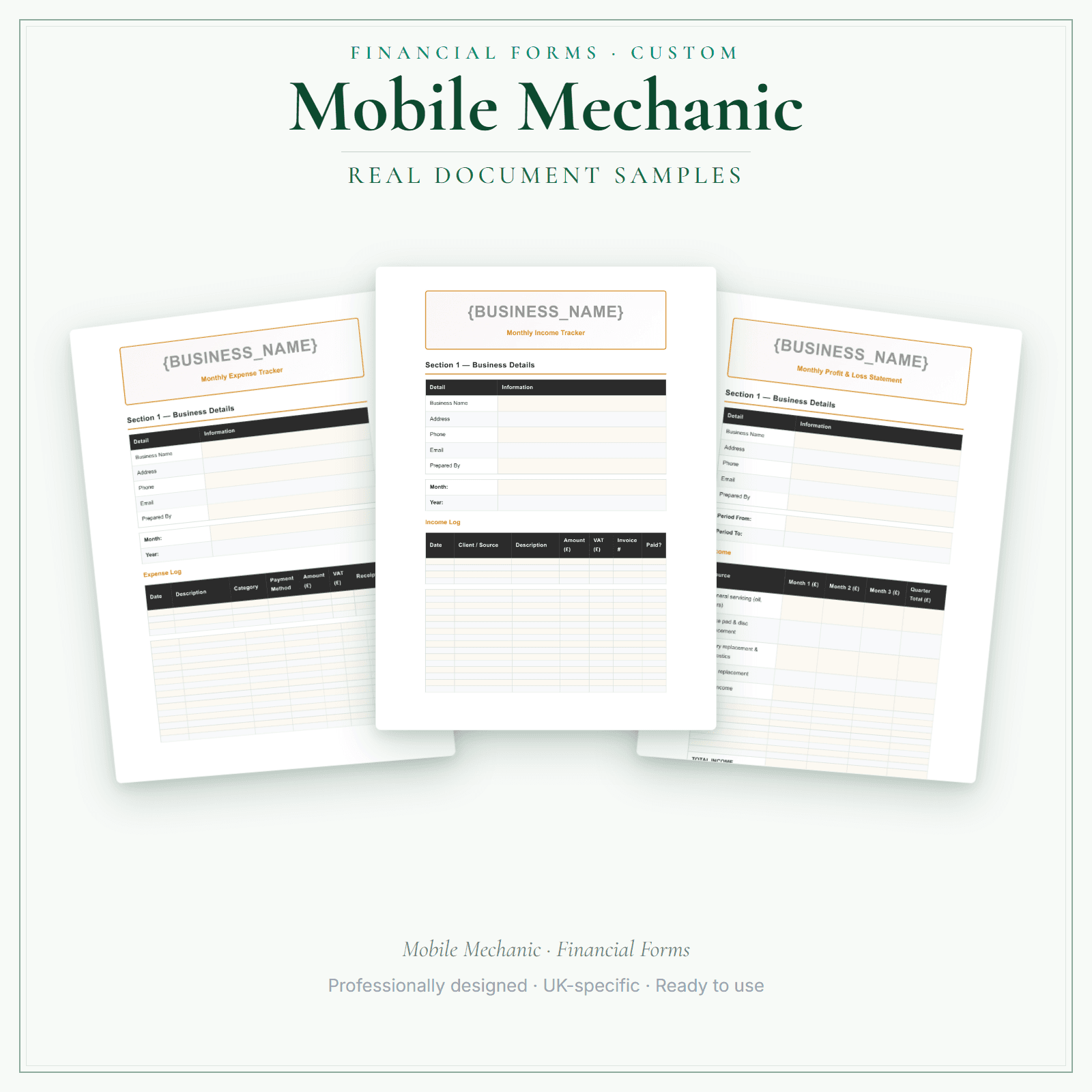 Mobile Mechanic — Financial Forms Bundle — Customisable sample pages preview