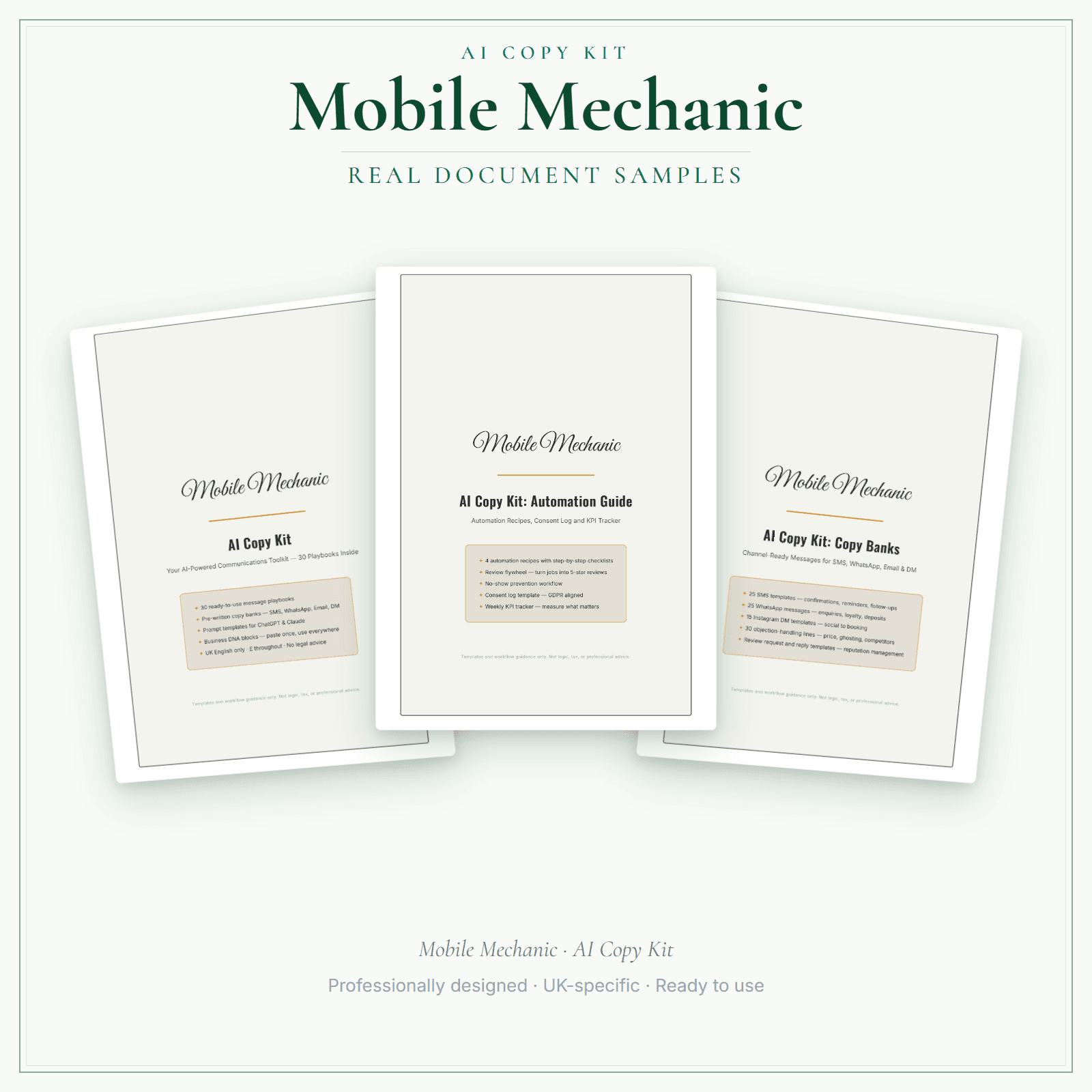 Mobile Mechanic — AI Copy Kit sample pages preview
