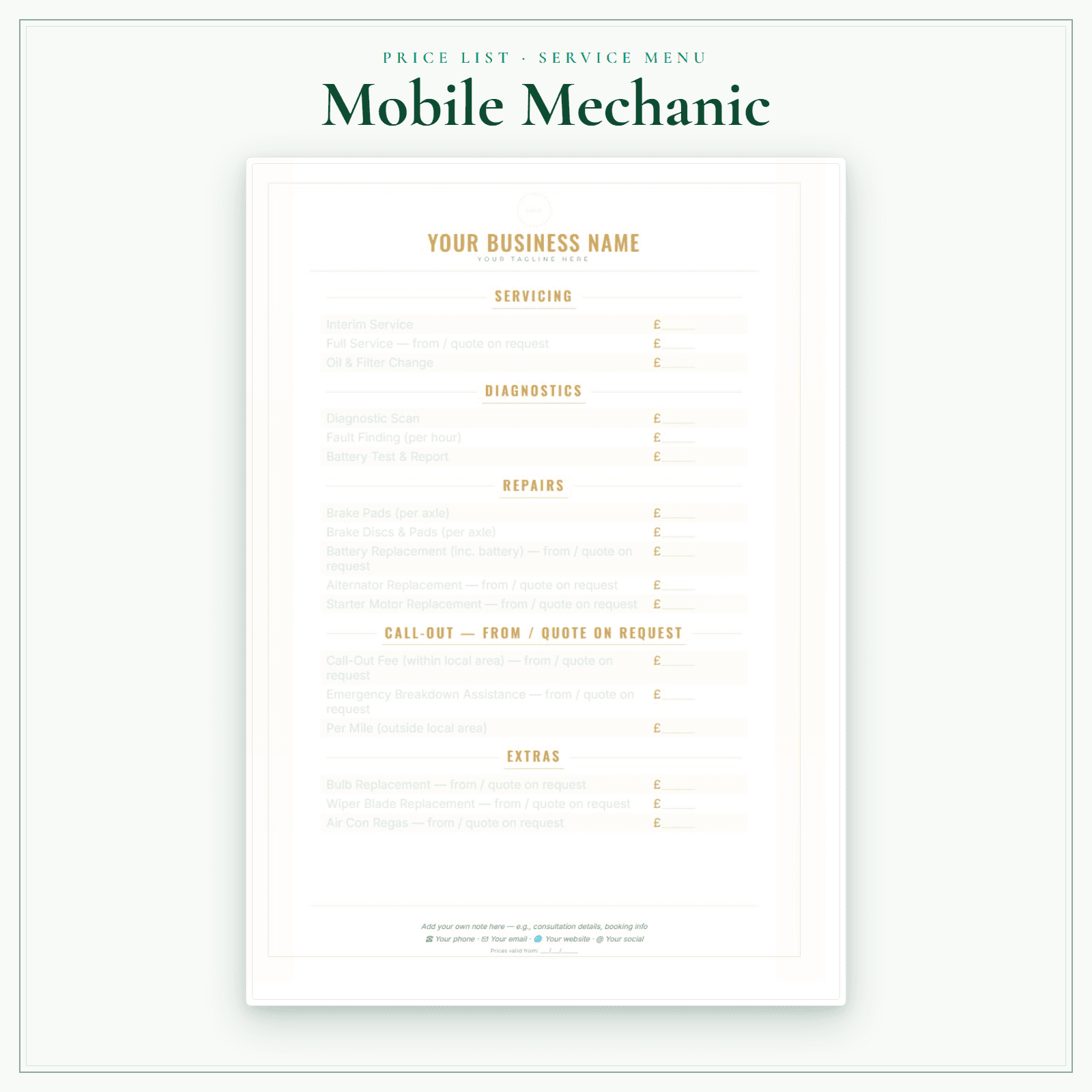 Mobile Mechanic — Price List & Service Menu sample pages preview