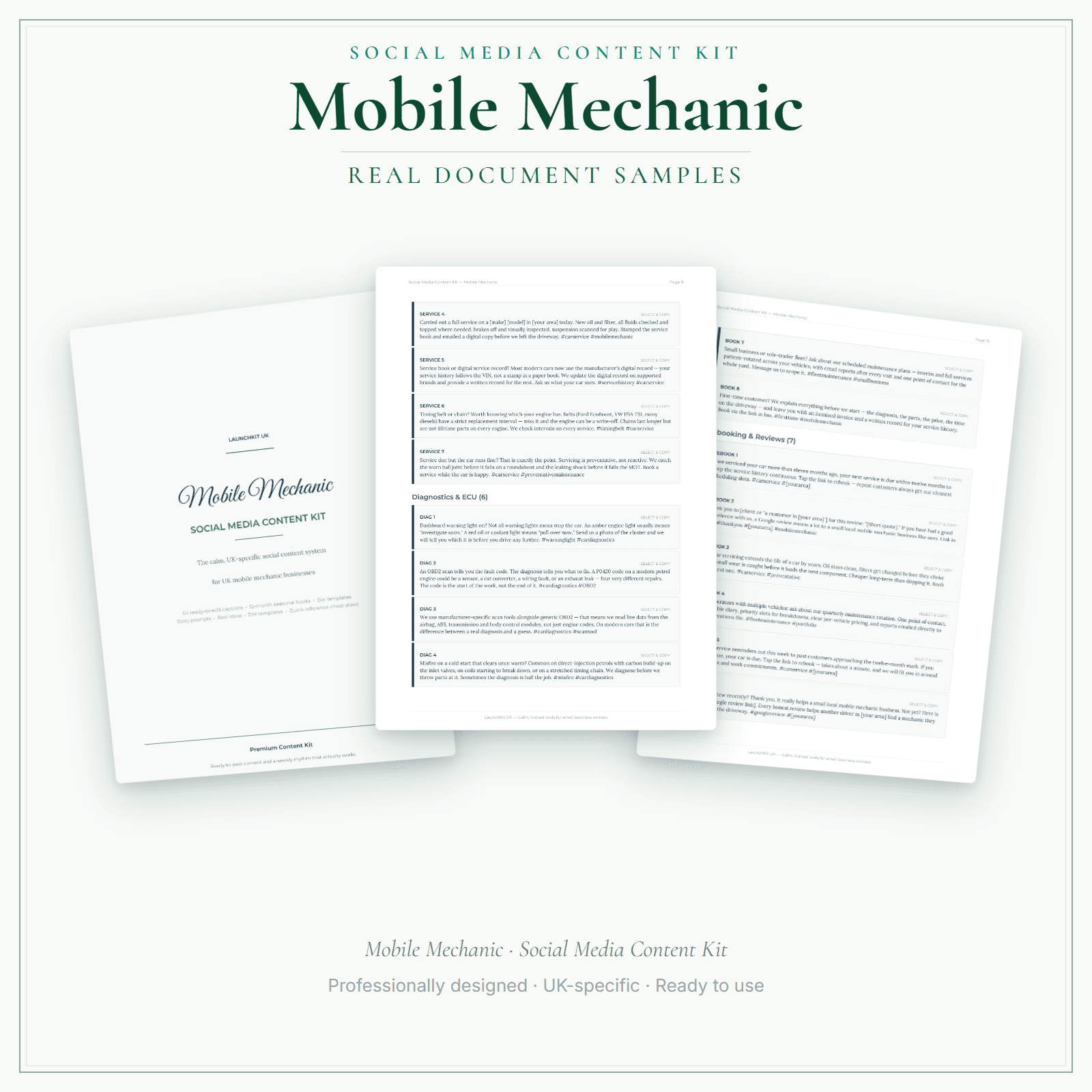 Mobile Mechanic — Social Media Content Kit sample pages preview