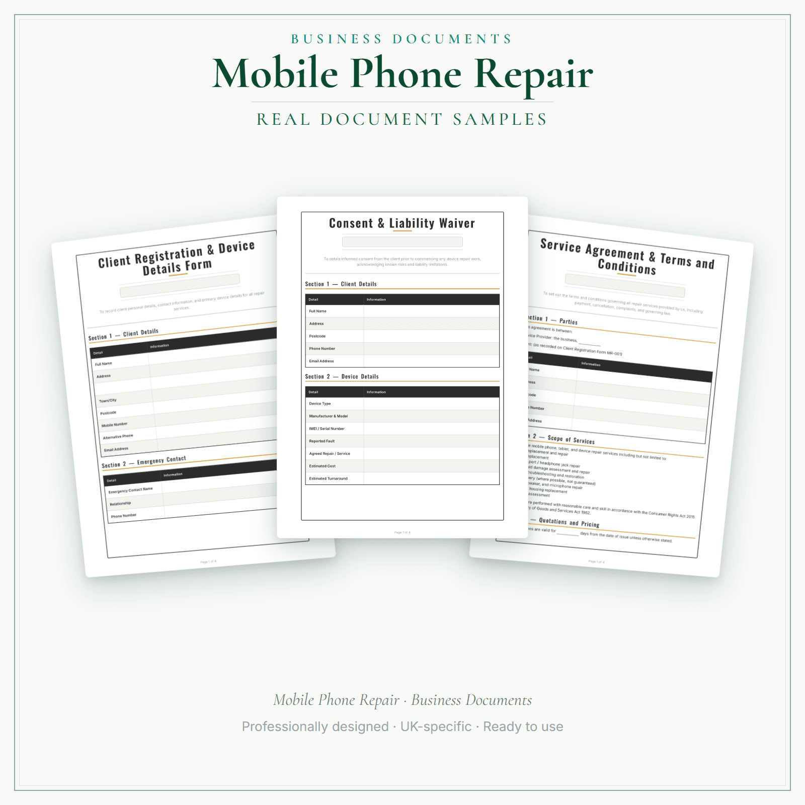 Mobile Phone Repair — Business Documents — Premium sample pages preview