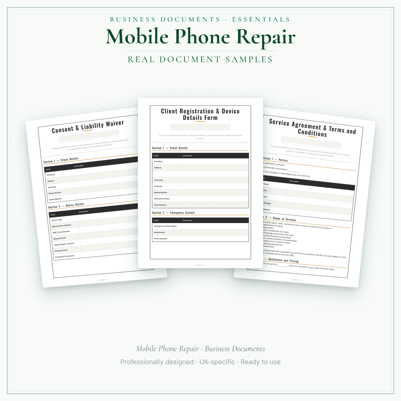 Mobile Phone Repair — Business Documents — Essential sample pages preview