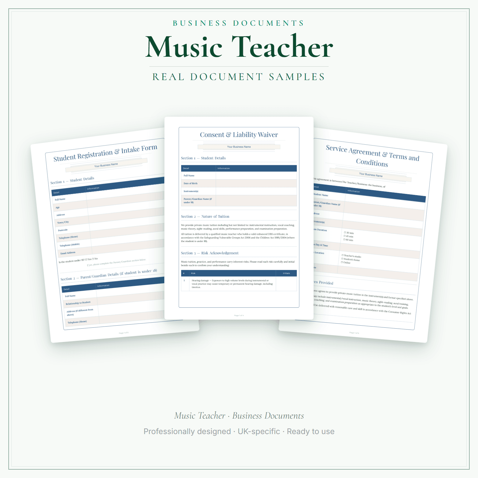 Music Teacher — Business Documents — Premium sample pages preview