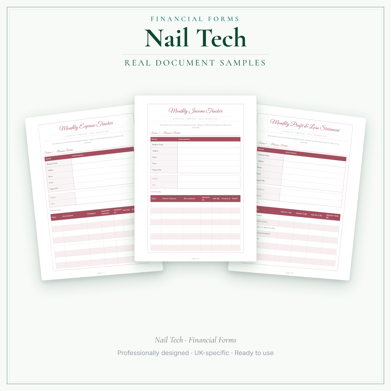 Nail Tech — Financial Forms Bundle — Premium sample pages preview