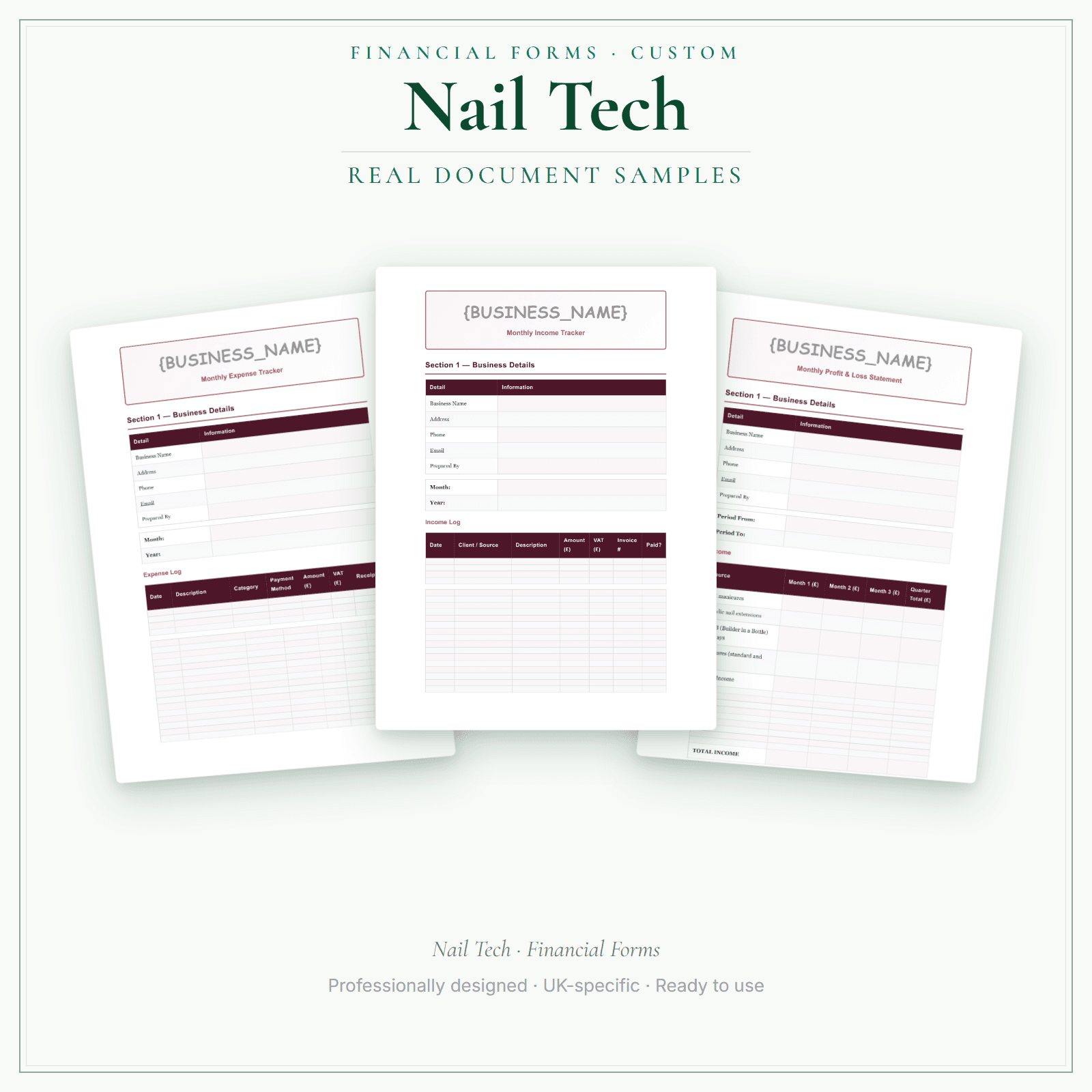 Nail Tech — Financial Forms Bundle — Customisable sample pages preview