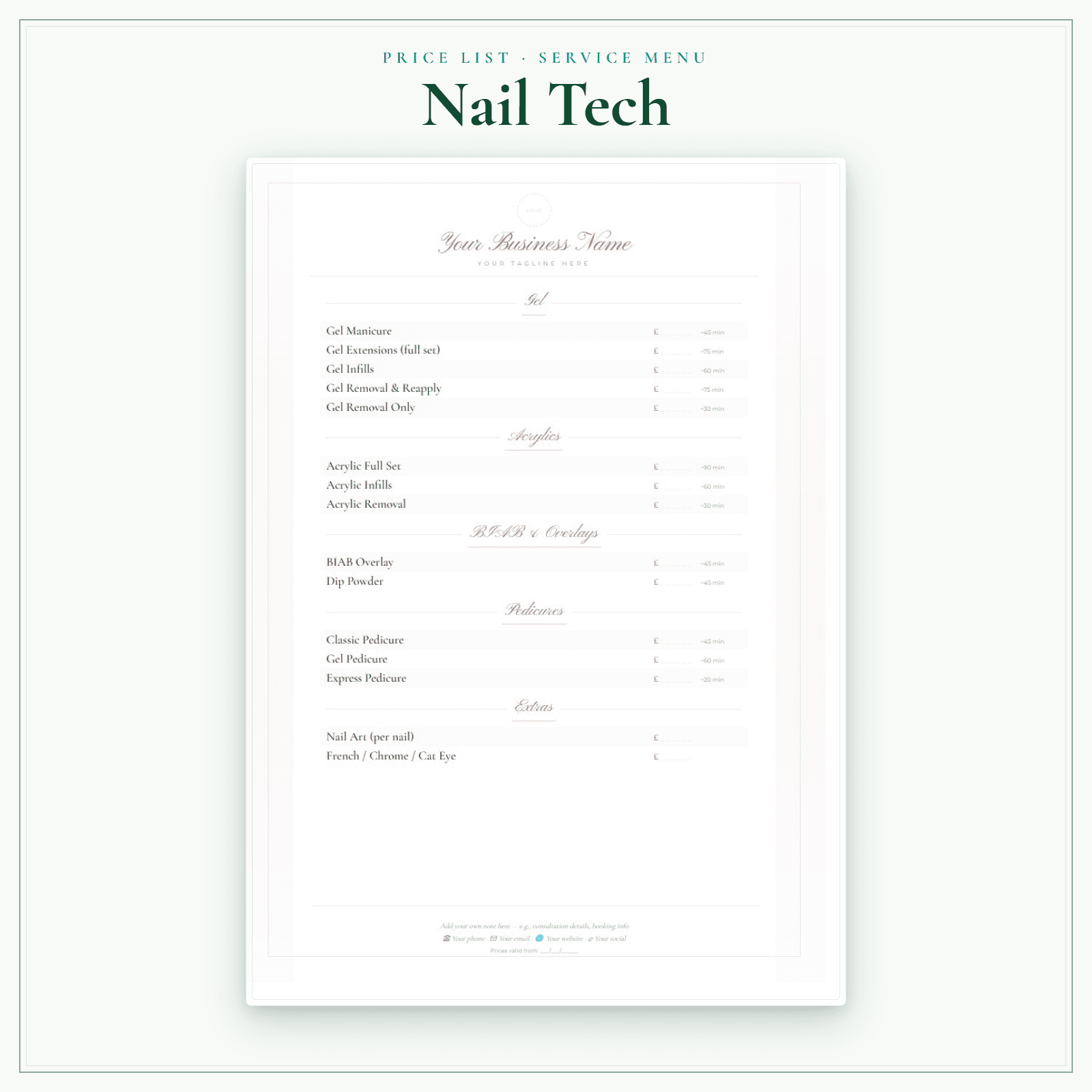Nail Tech — Price List & Service Menu sample pages preview