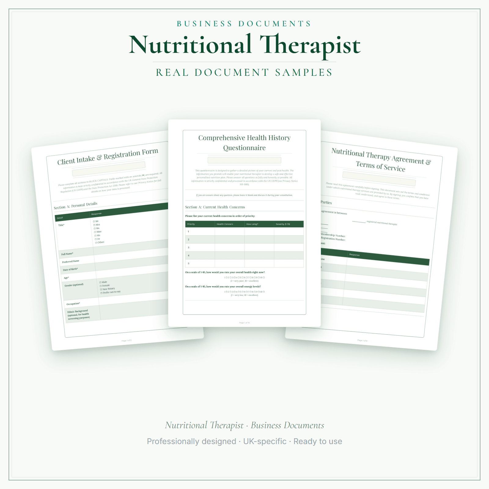 Nutritional Therapist — Business Documents — Premium sample pages preview