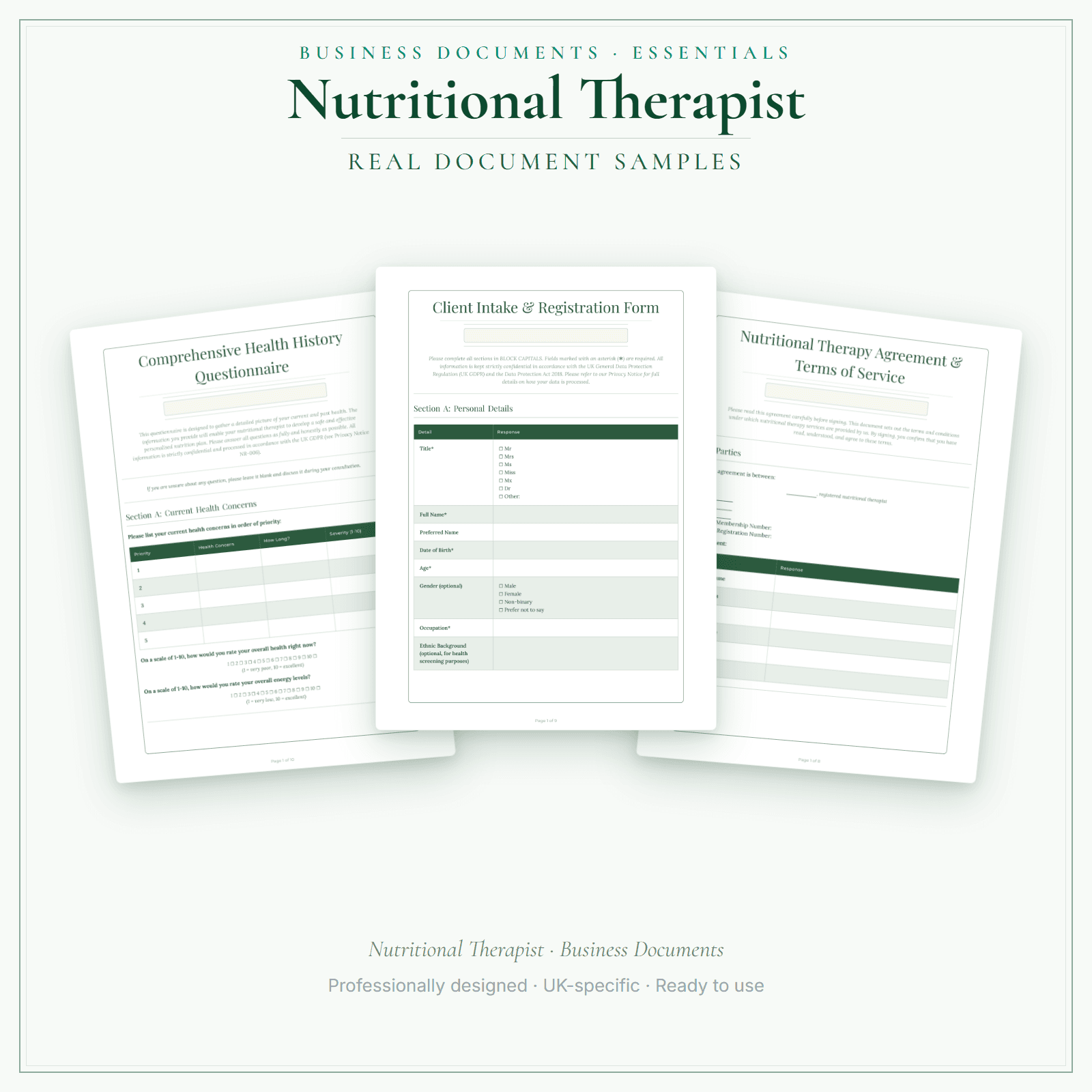 Nutritional Therapist — Business Documents — Essential sample pages preview
