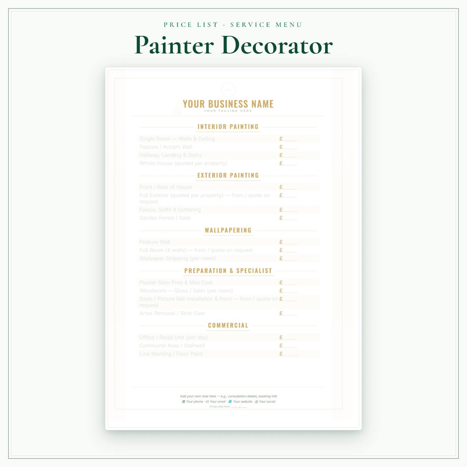 Painter Decorator — Price List & Service Menu sample pages preview