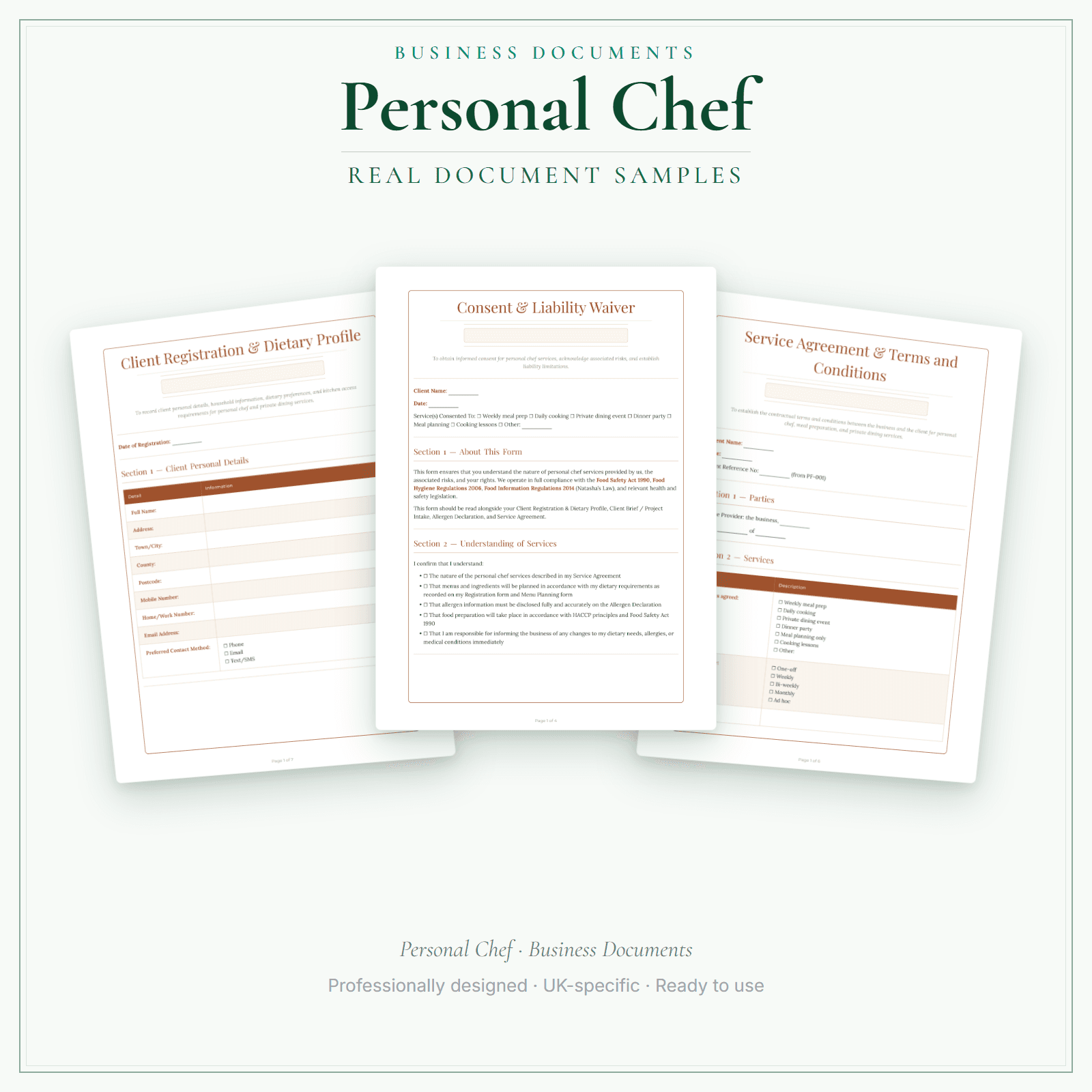 Personal Chef — Business Documents — Premium sample pages preview