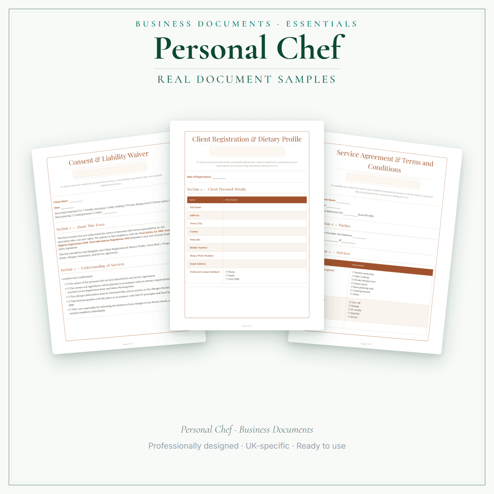 Personal Chef — Business Documents — Essential sample pages preview