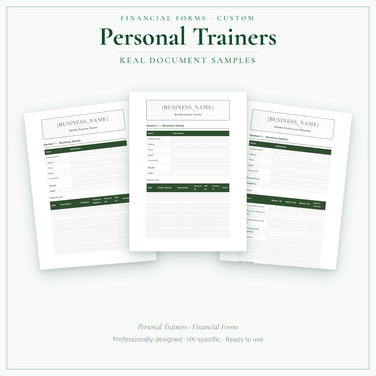 Personal Trainers — Financial Forms Bundle — Customisable sample pages preview