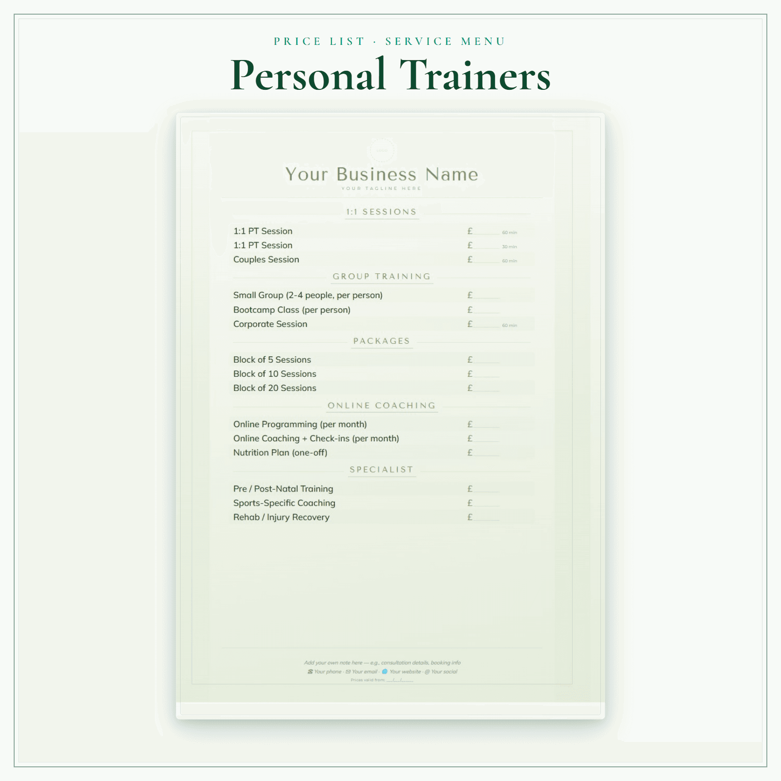 Personal Trainers — Price List & Service Menu sample pages preview