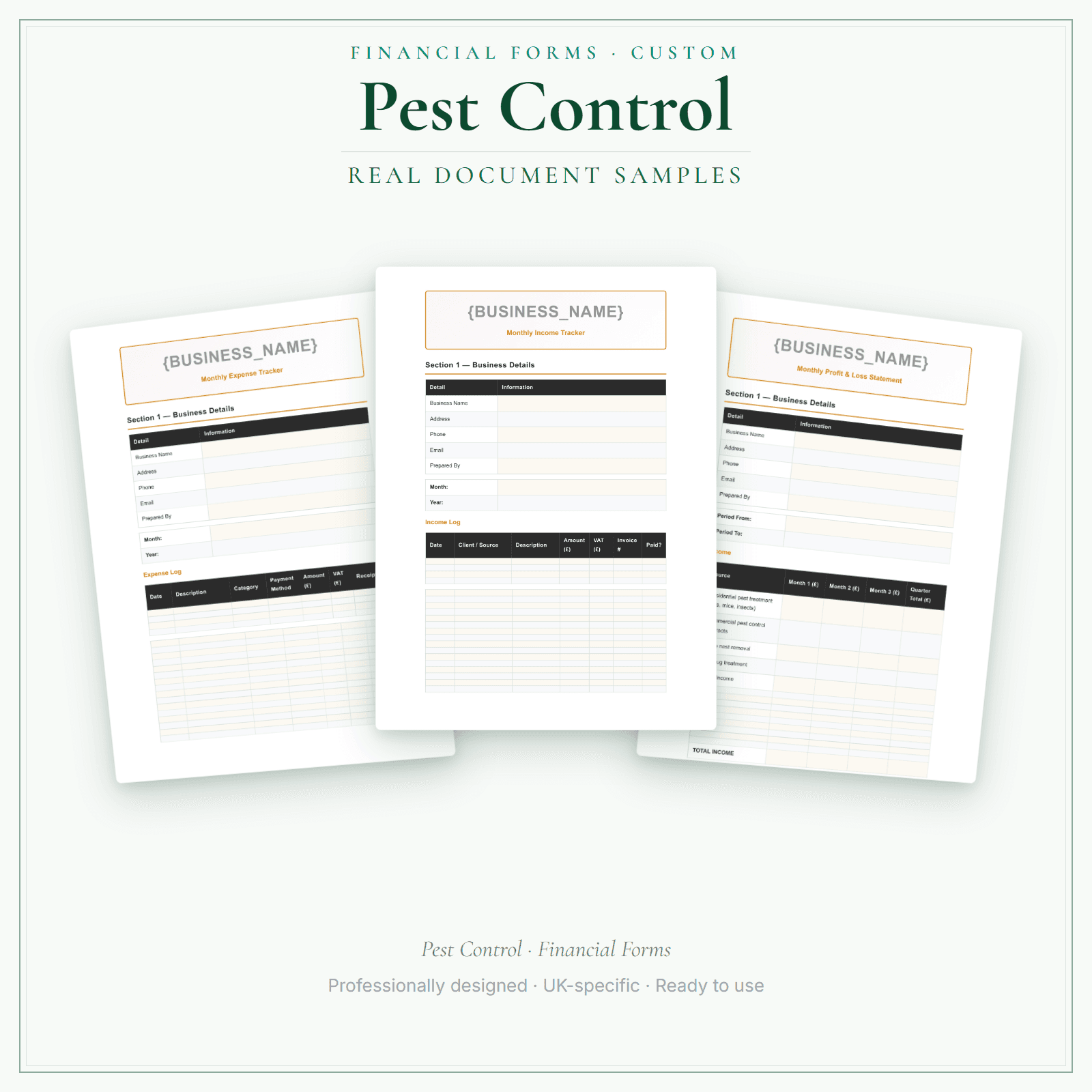 Pest Control — Financial Forms Bundle — Customisable sample pages preview