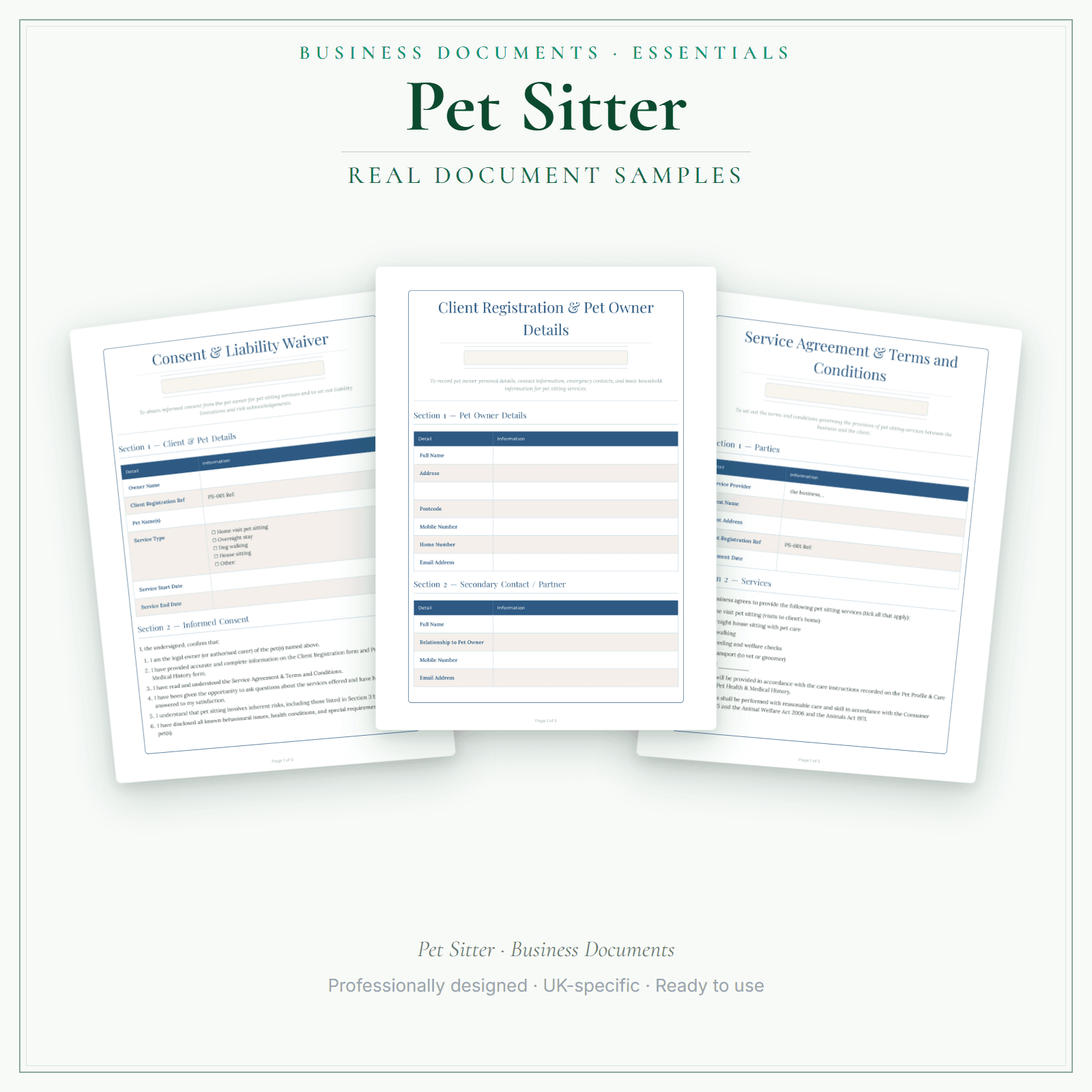 Pet Sitter — Business Documents — Essential sample pages preview