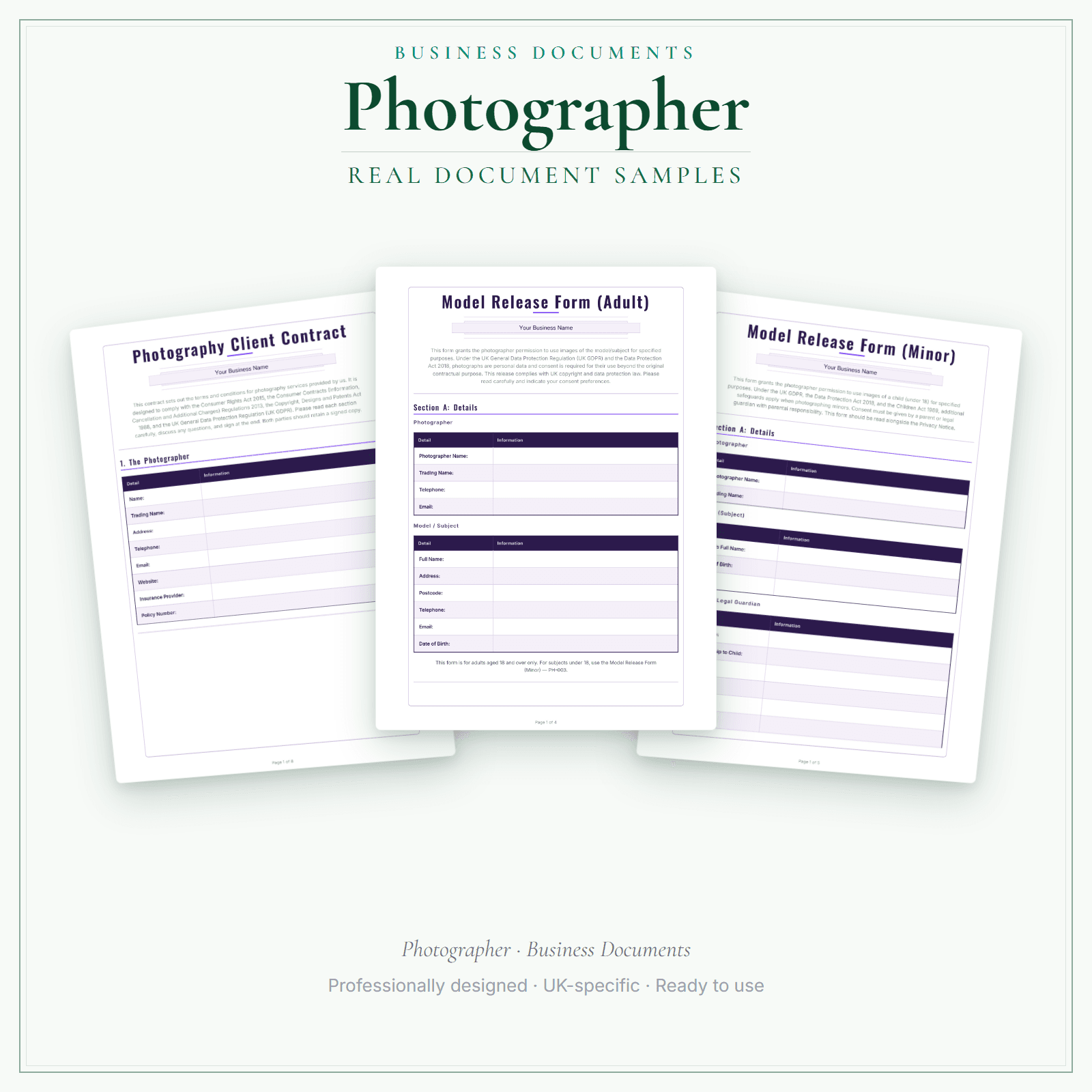 Photographer — Business Documents — Premium sample pages preview