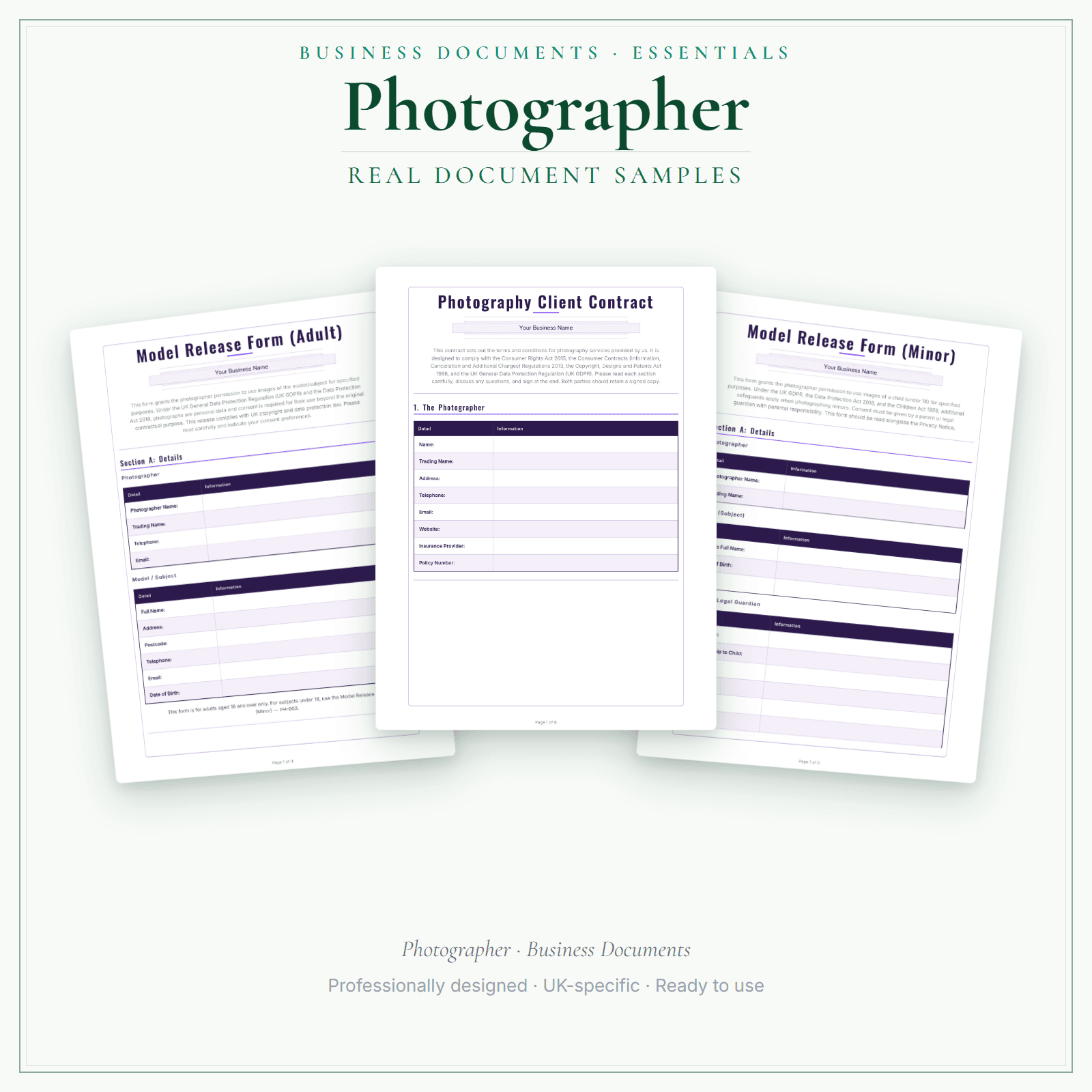 Photographer — Business Documents — Essential sample pages preview
