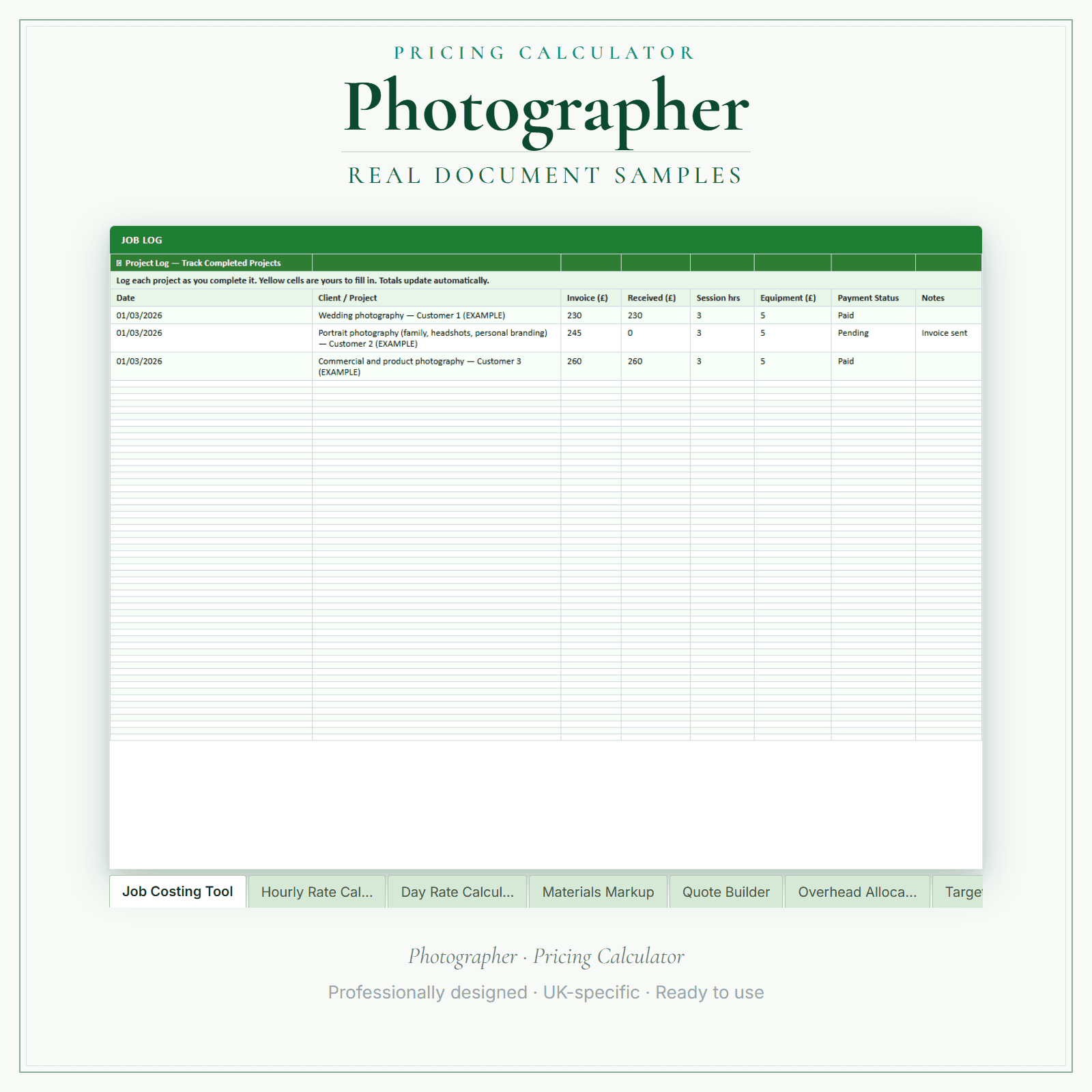 Photographer — Pricing Calculator — Premium sample pages preview
