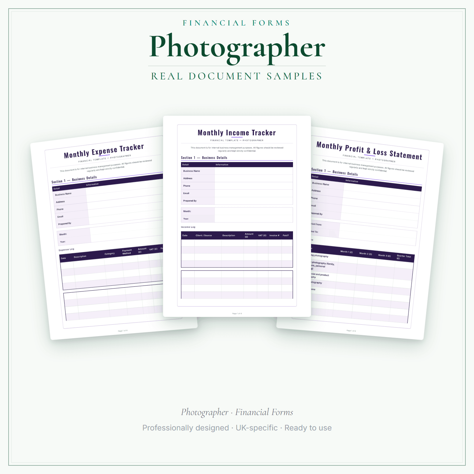 Photographer — Financial Forms Bundle — Premium sample pages preview