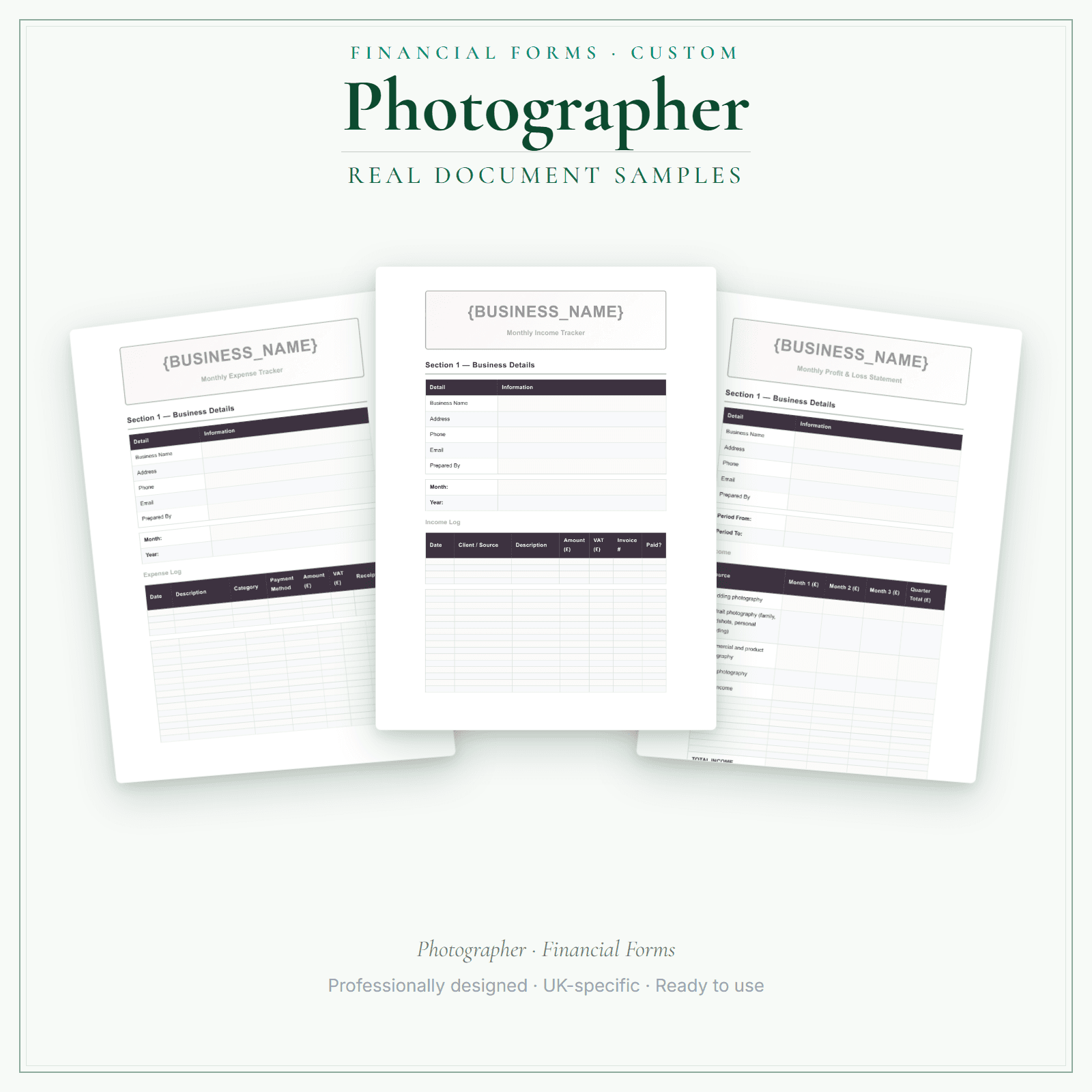 Photographer — Financial Forms Bundle — Customisable sample pages preview