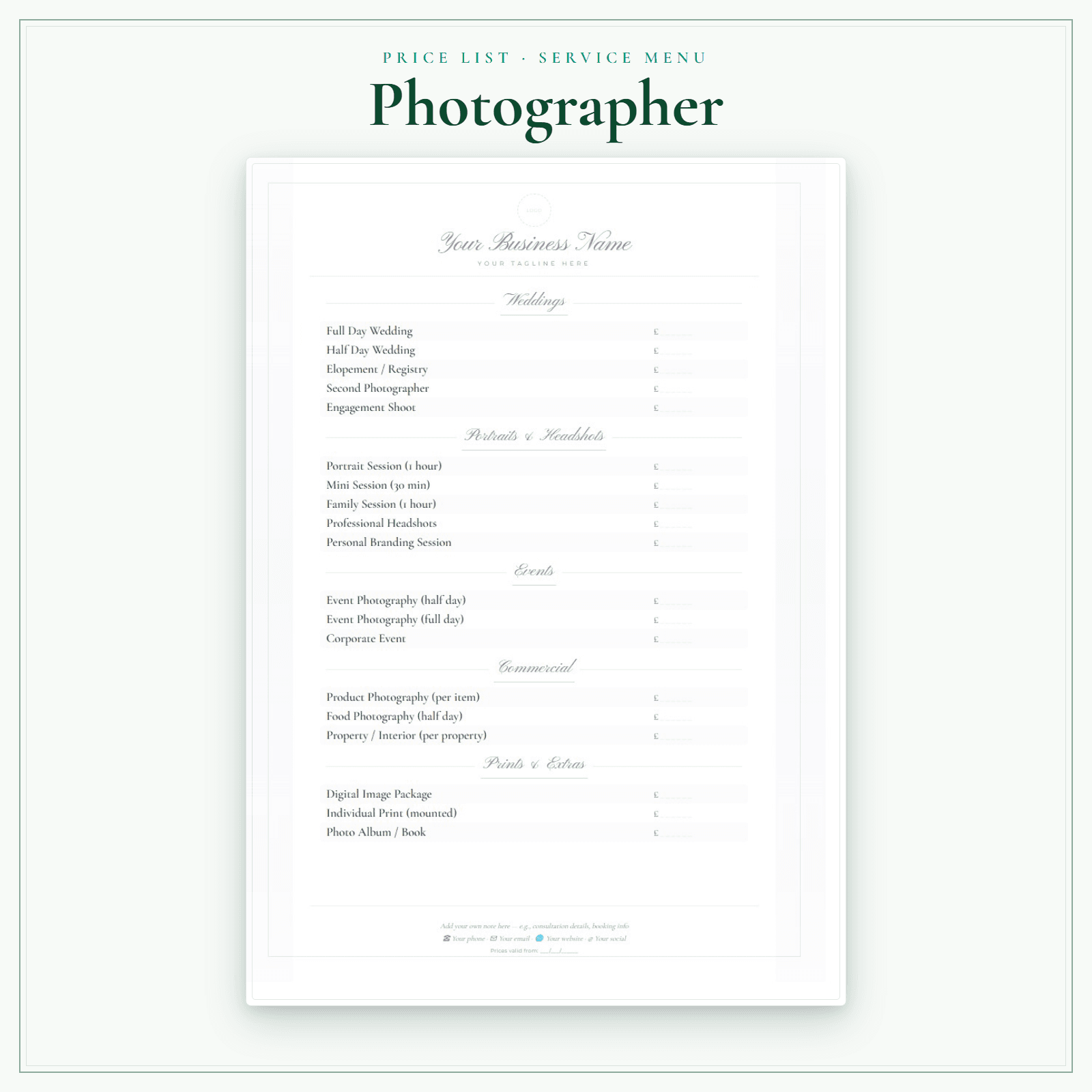 Photographer — Price List & Service Menu sample pages preview