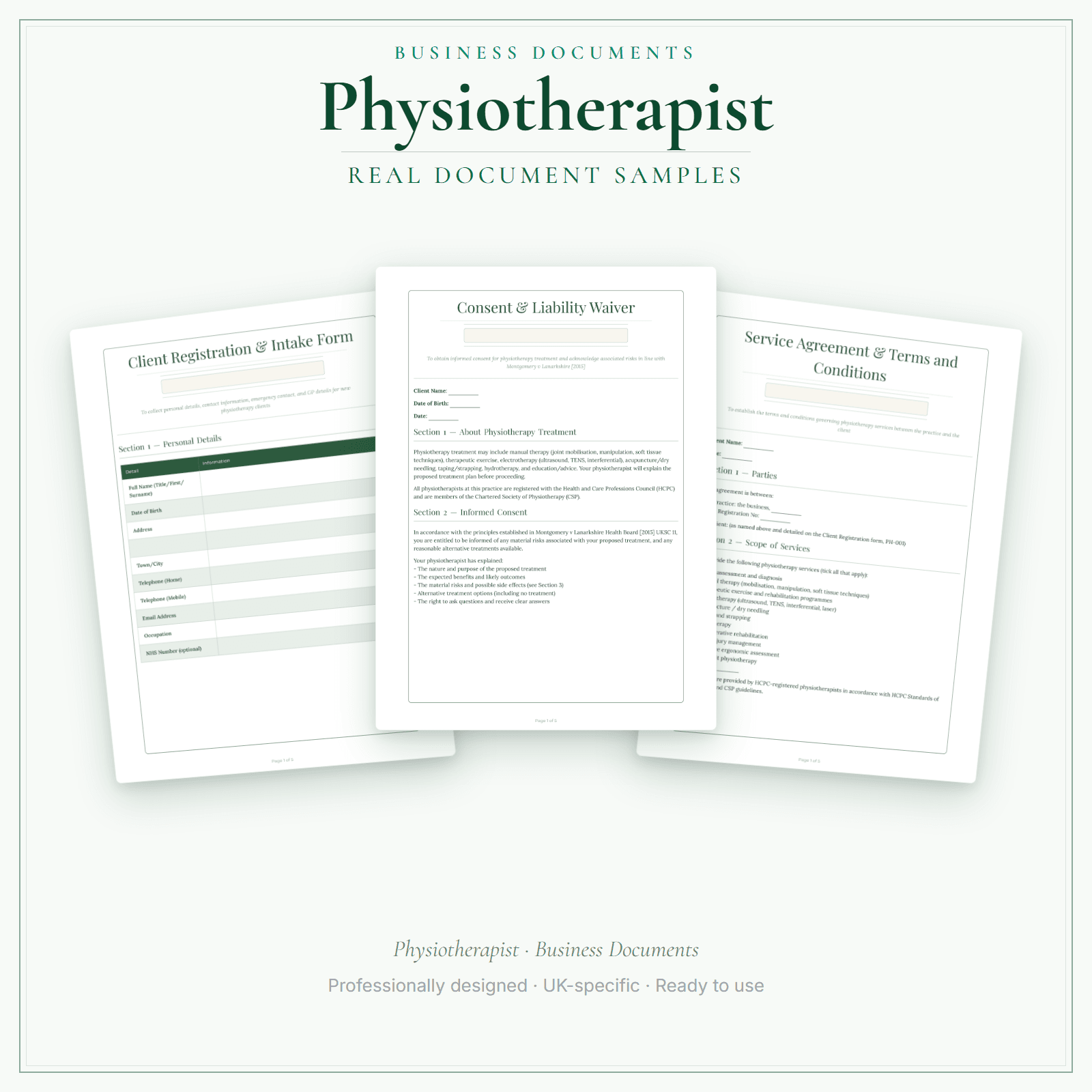 Physiotherapist — Business Documents — Premium sample pages preview