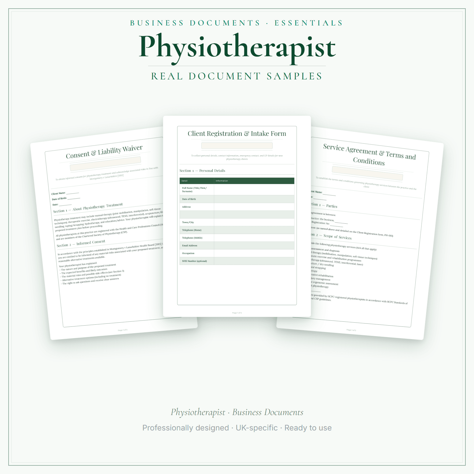 Physiotherapist — Business Documents — Essential sample pages preview