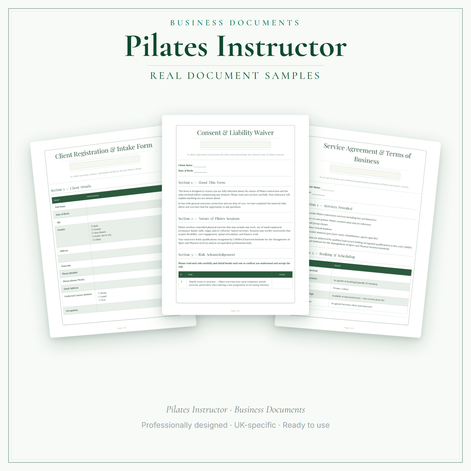 Pilates Instructor — Business Documents — Premium sample pages preview