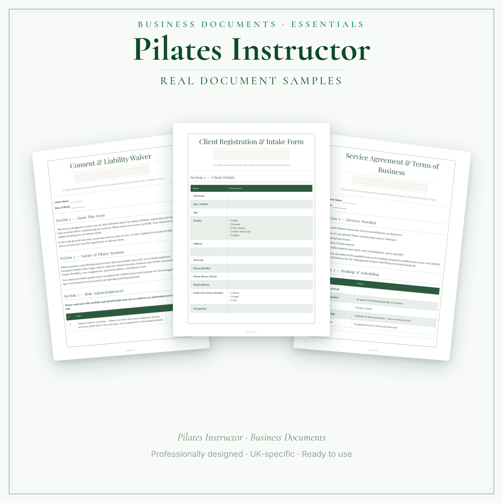 Pilates Instructor — Business Documents — Essential sample pages preview