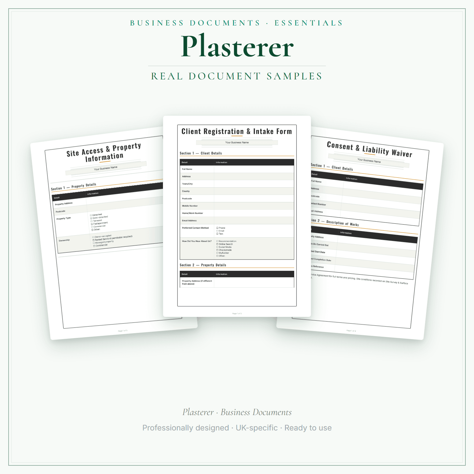 Plasterer — Business Documents — Essential sample pages preview