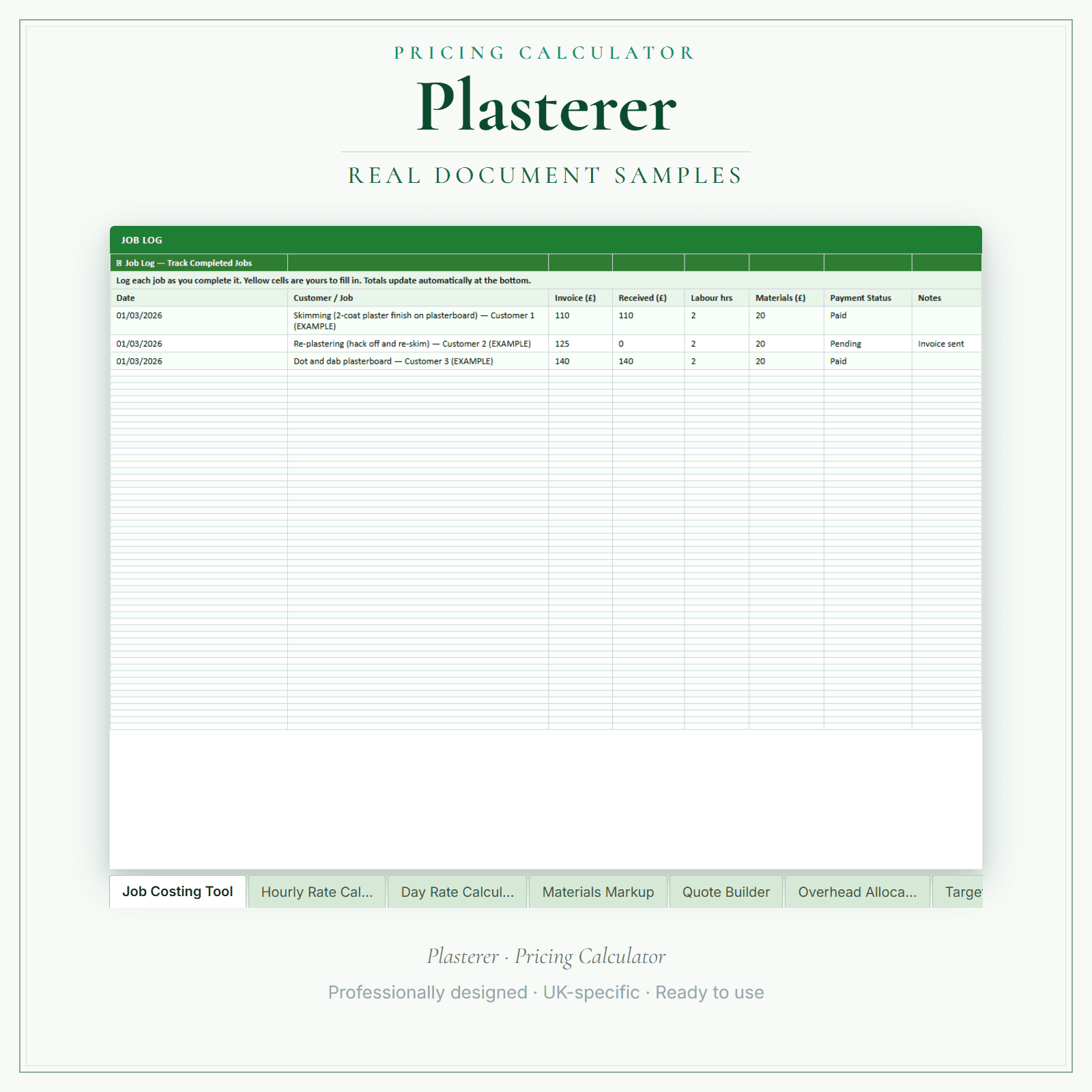 Plasterer — Pricing Calculator — Premium sample pages preview