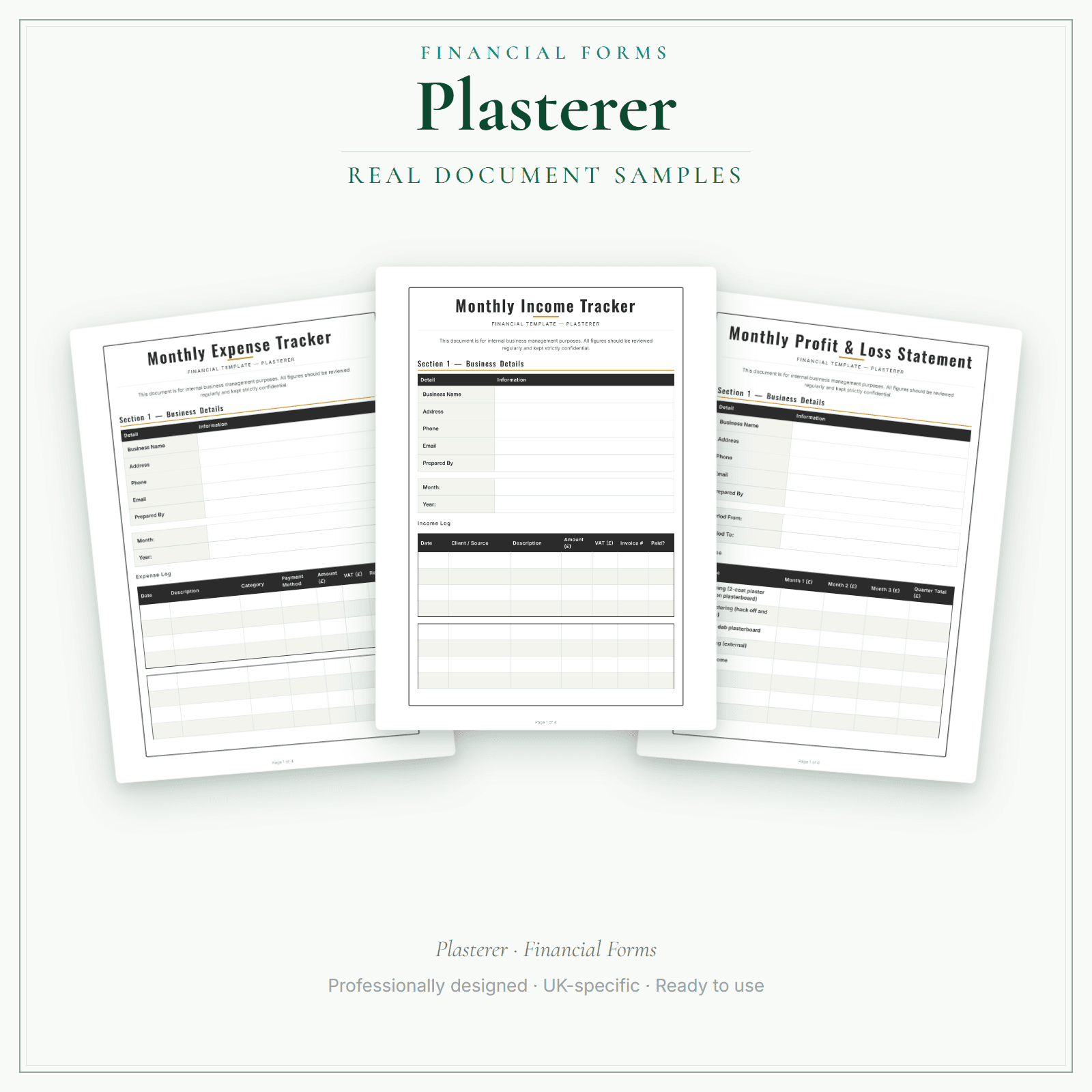 Plasterer — Financial Forms Bundle — Premium sample pages preview