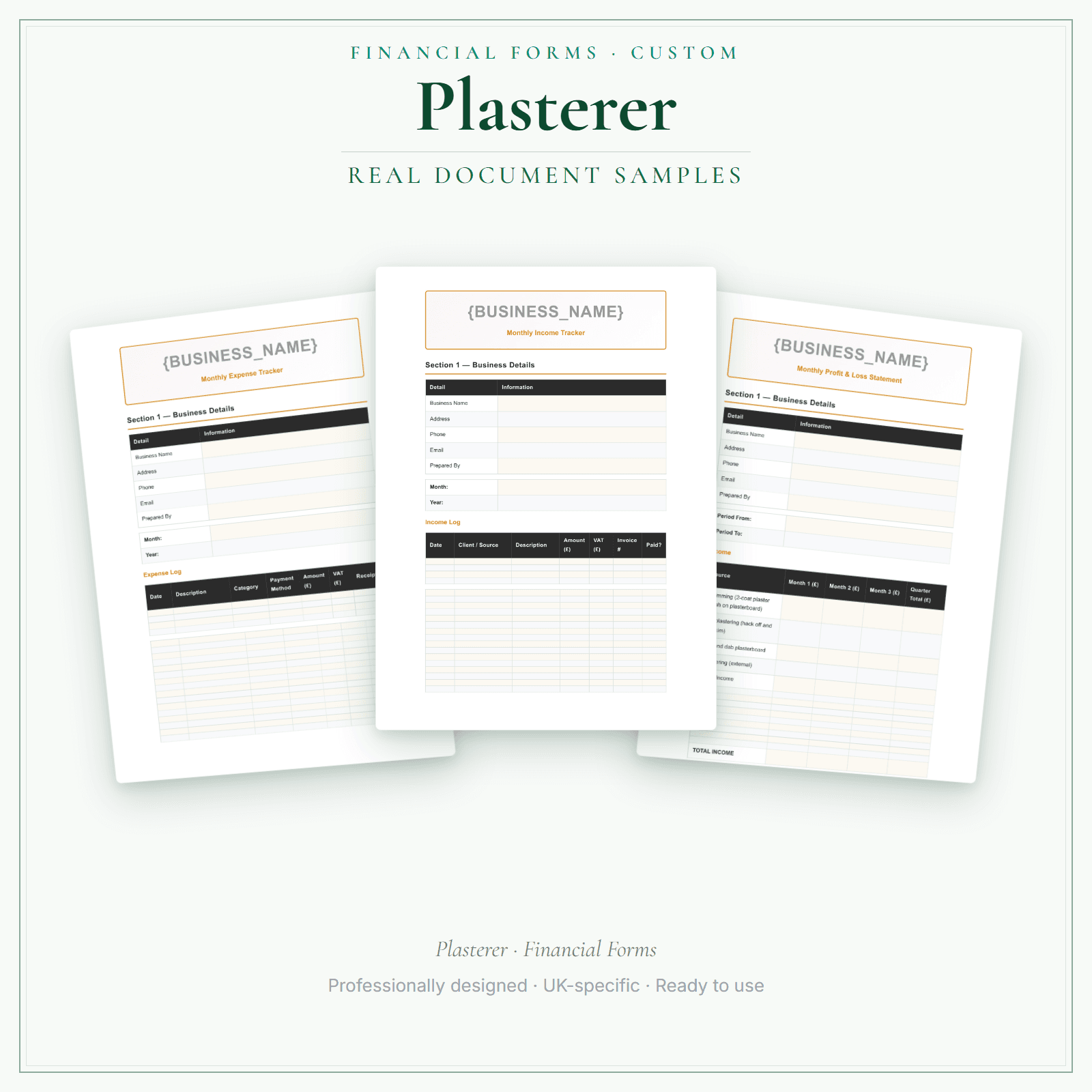 Plasterer — Financial Forms Bundle — Customisable sample pages preview