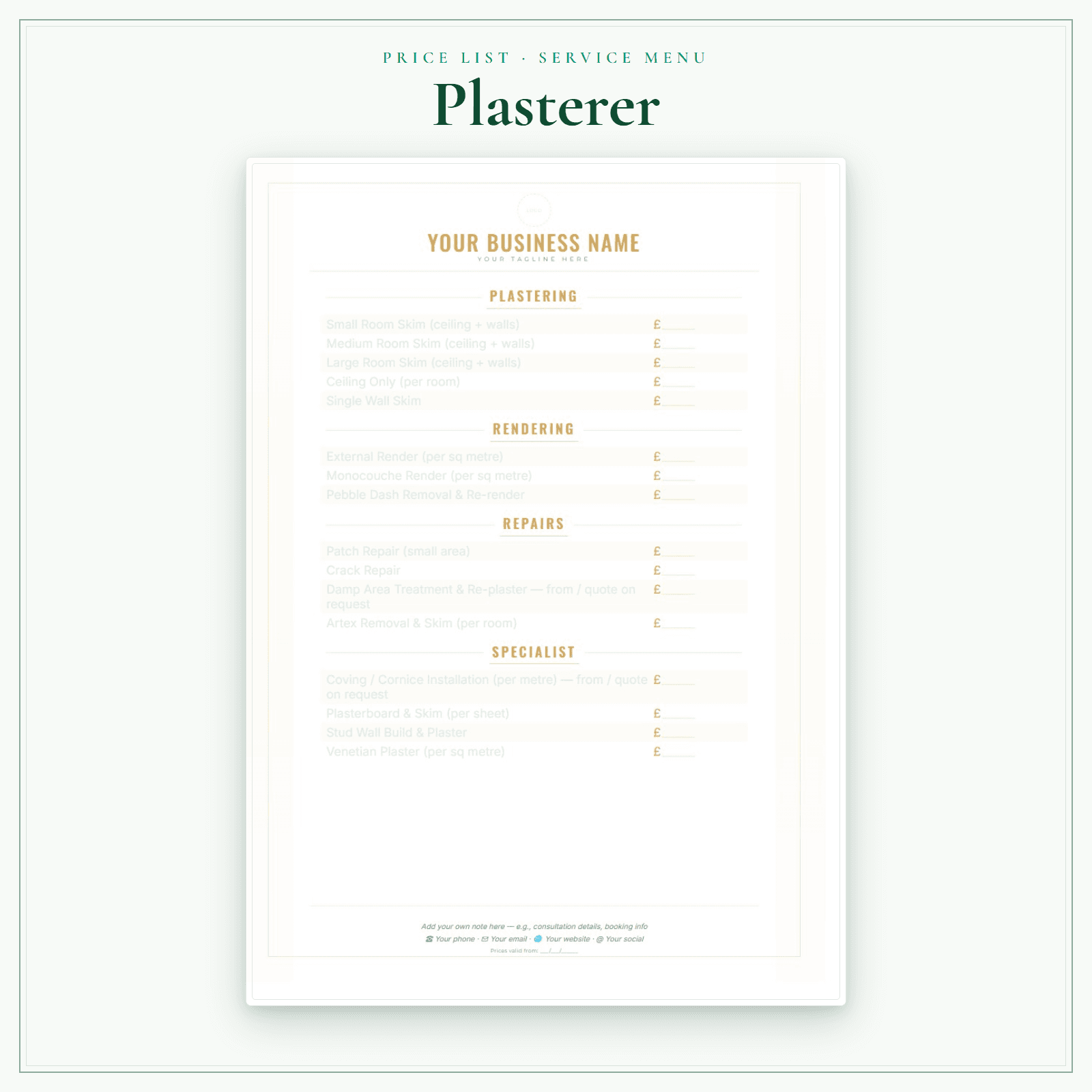 Plasterer — Price List & Service Menu sample pages preview