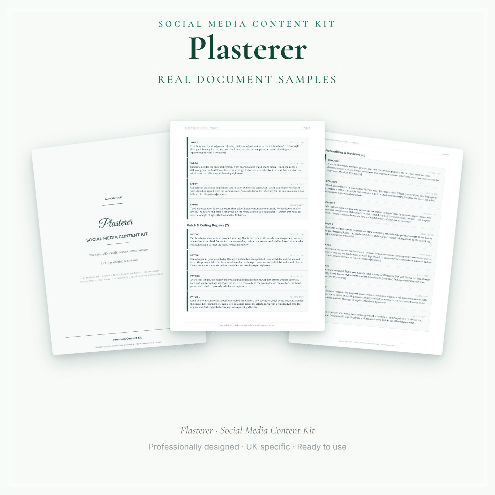 Plasterer — Social Media Content Kit sample pages preview