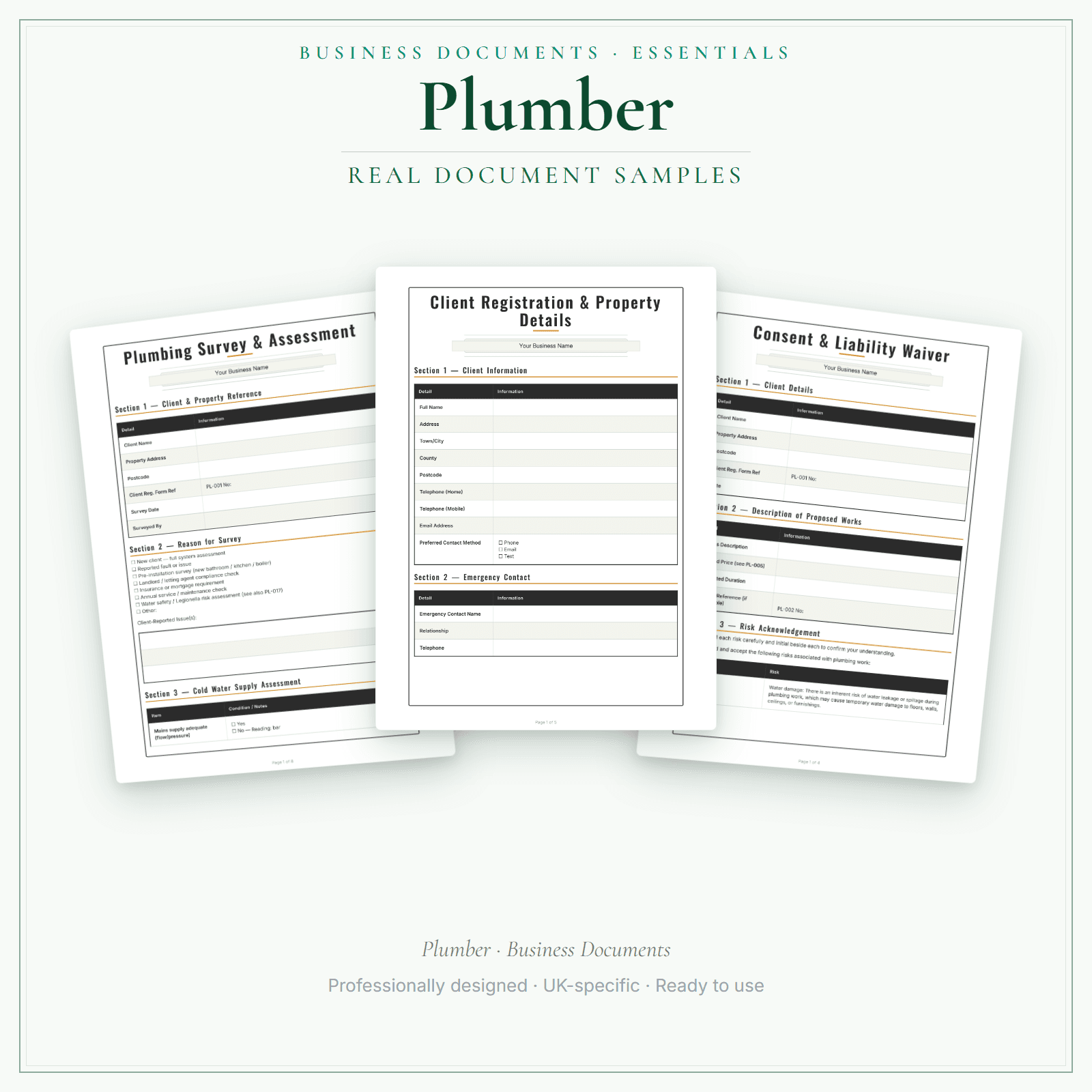 Plumber — Business Documents — Essential sample pages preview