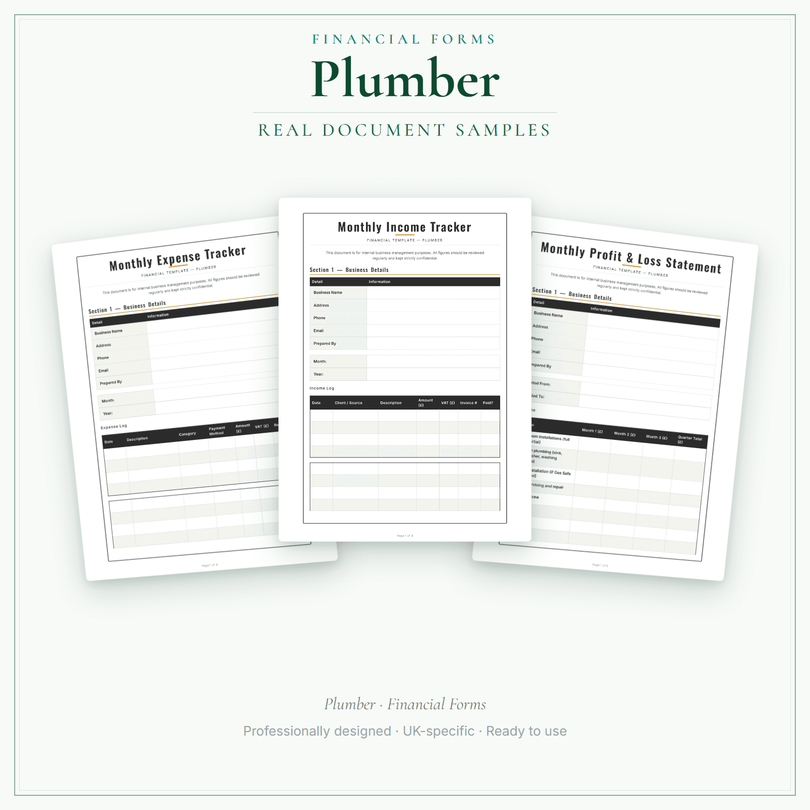 Plumber — Financial Forms Bundle — Premium sample pages preview