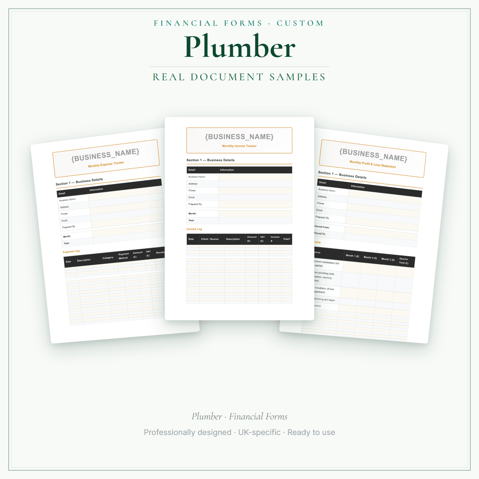 Plumber — Financial Forms Bundle — Customisable sample pages preview