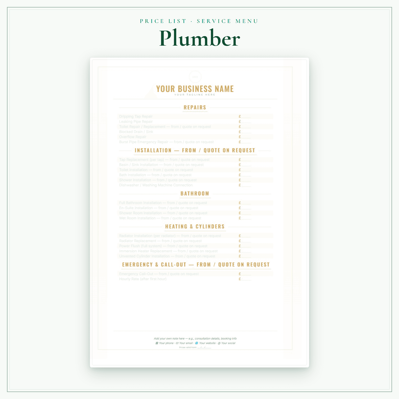 Plumber — Price List & Service Menu sample pages preview