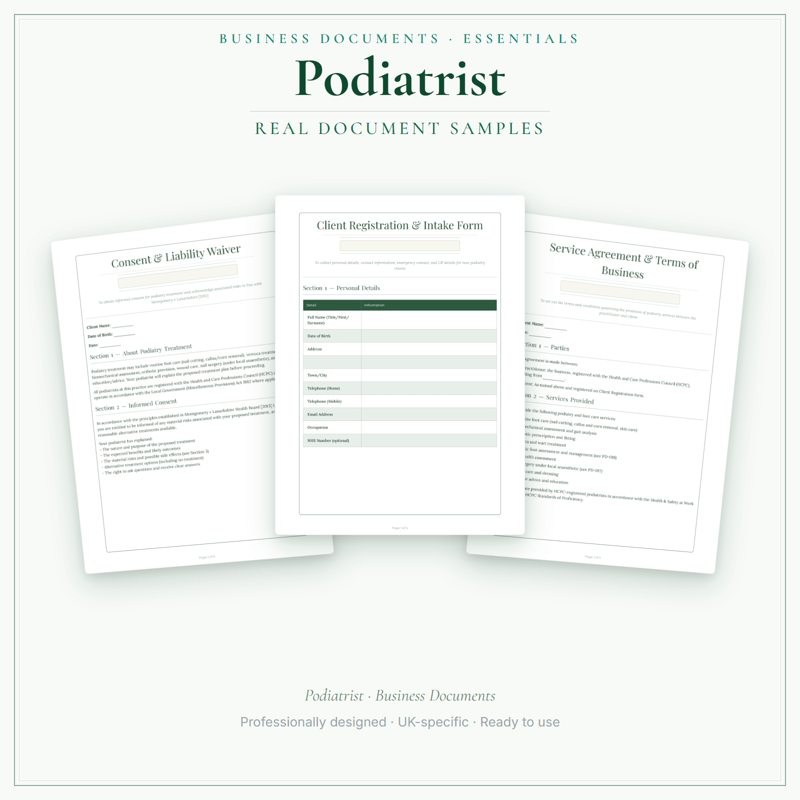 Podiatrist — Business Documents — Essential sample pages preview