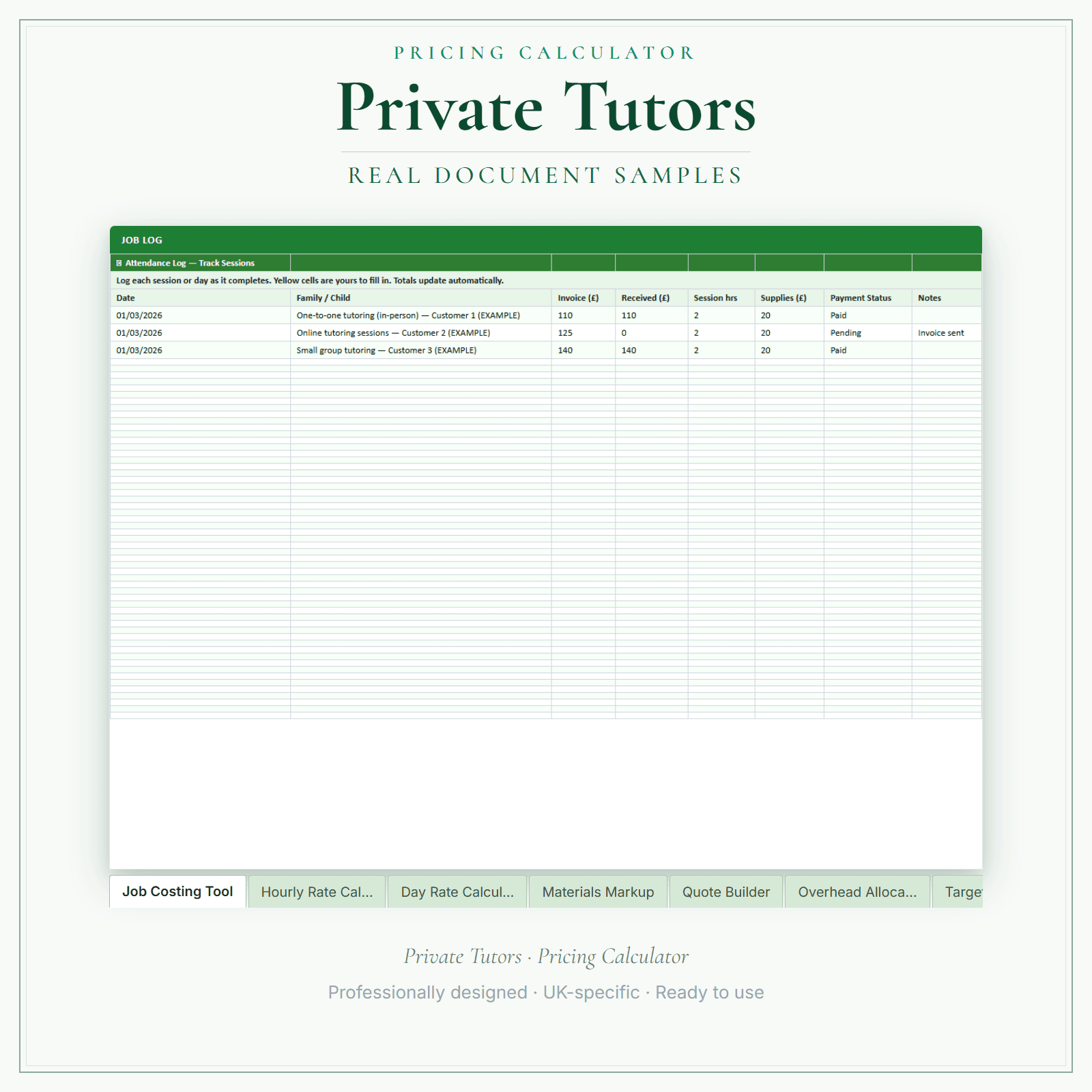 Private Tutors — Pricing Calculator — Premium sample pages preview