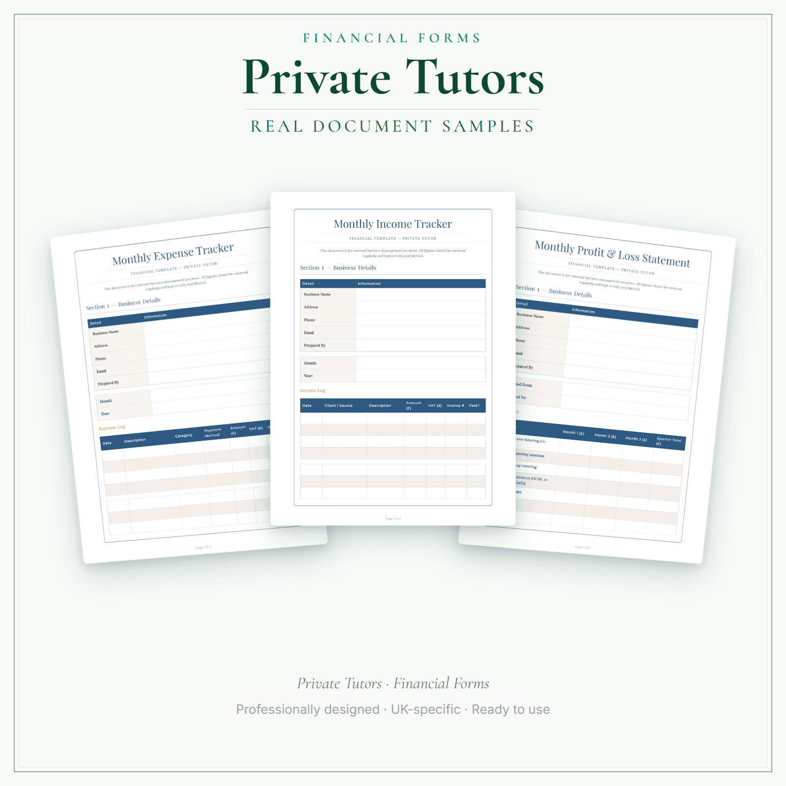 Private Tutors — Financial Forms Bundle — Premium sample pages preview