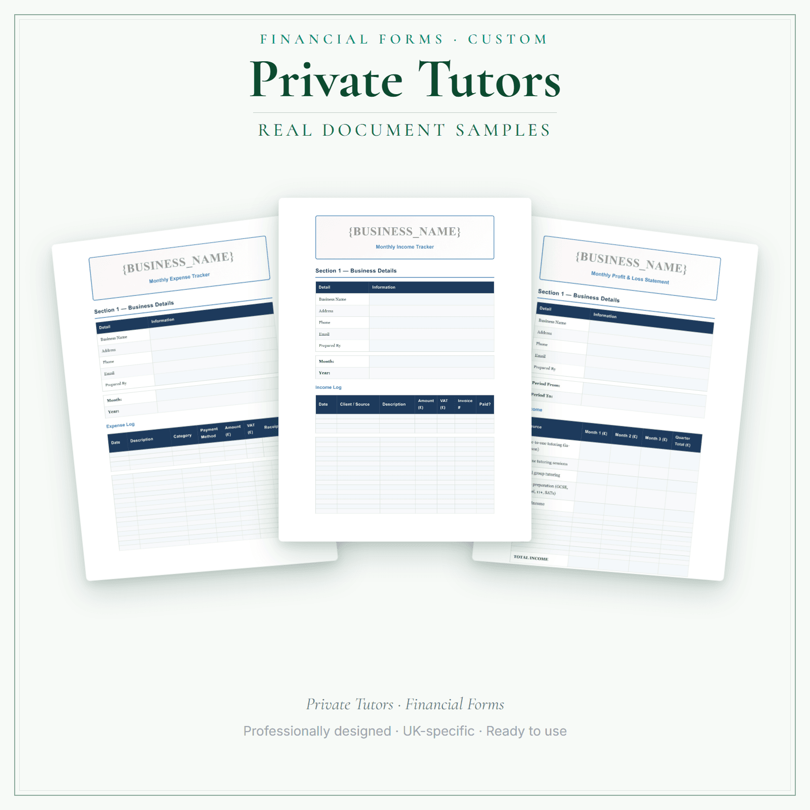 Private Tutors — Financial Forms Bundle — Customisable sample pages preview
