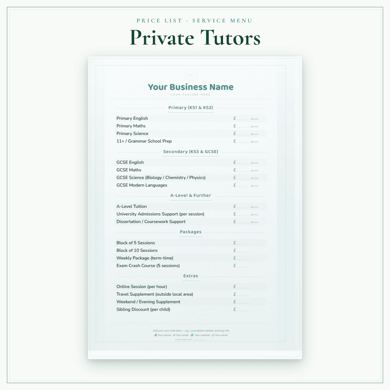 Private Tutors — Price List & Service Menu sample pages preview