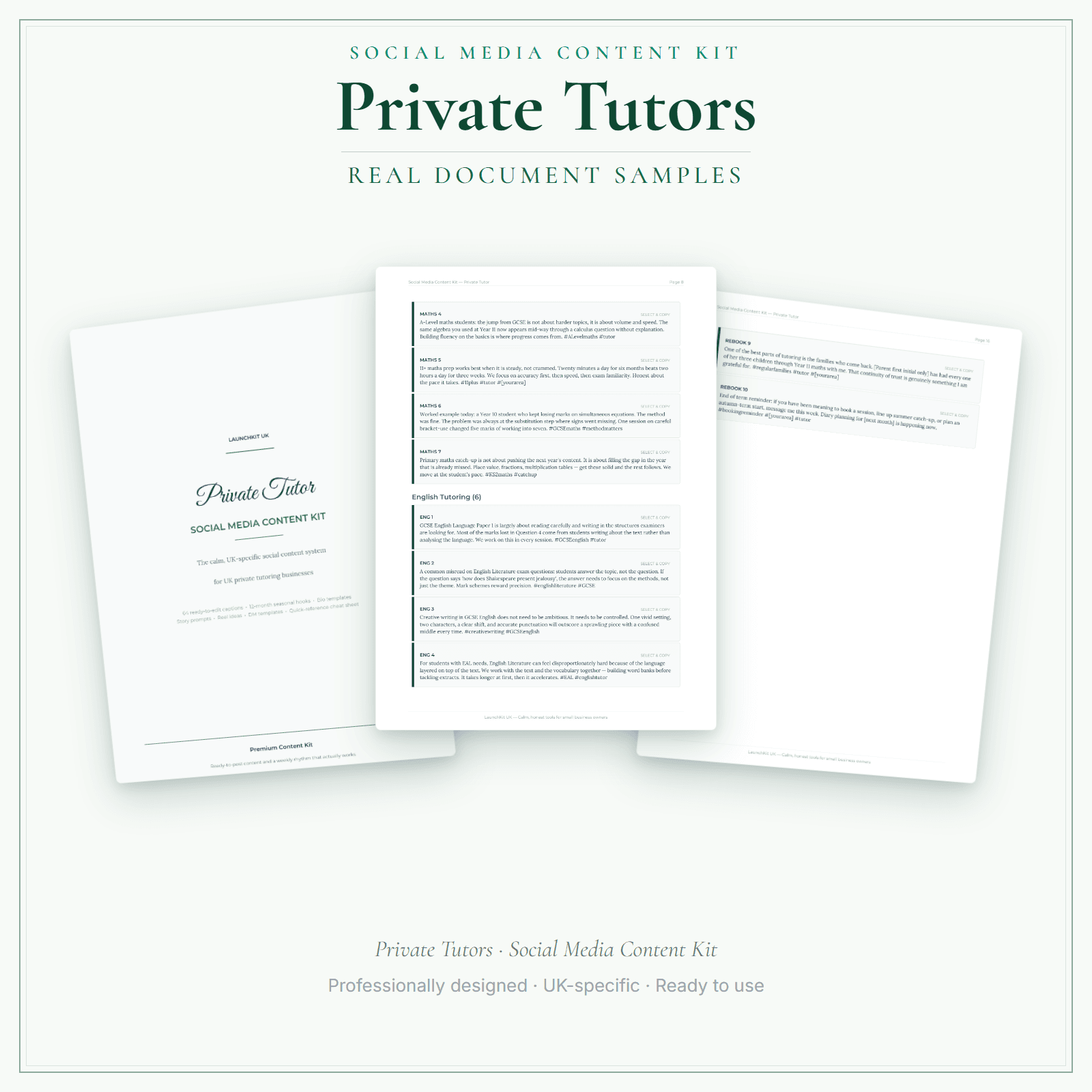 Private Tutors — Social Media Content Kit sample pages preview