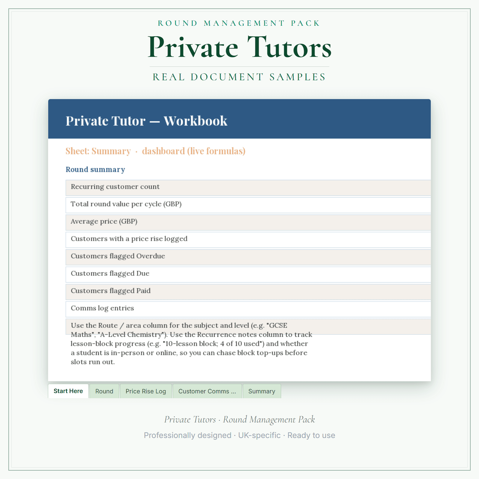 Private Tutors — Round Management Pack sample pages preview