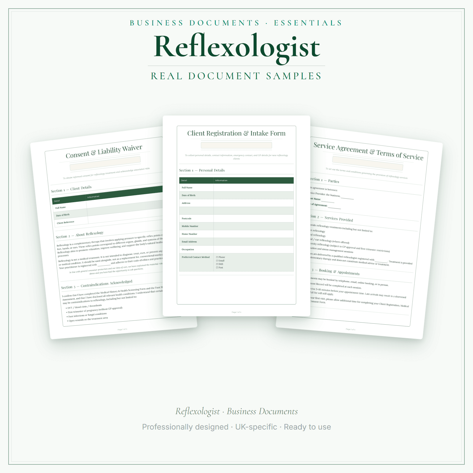 Reflexologist — Business Documents — Essential sample pages preview